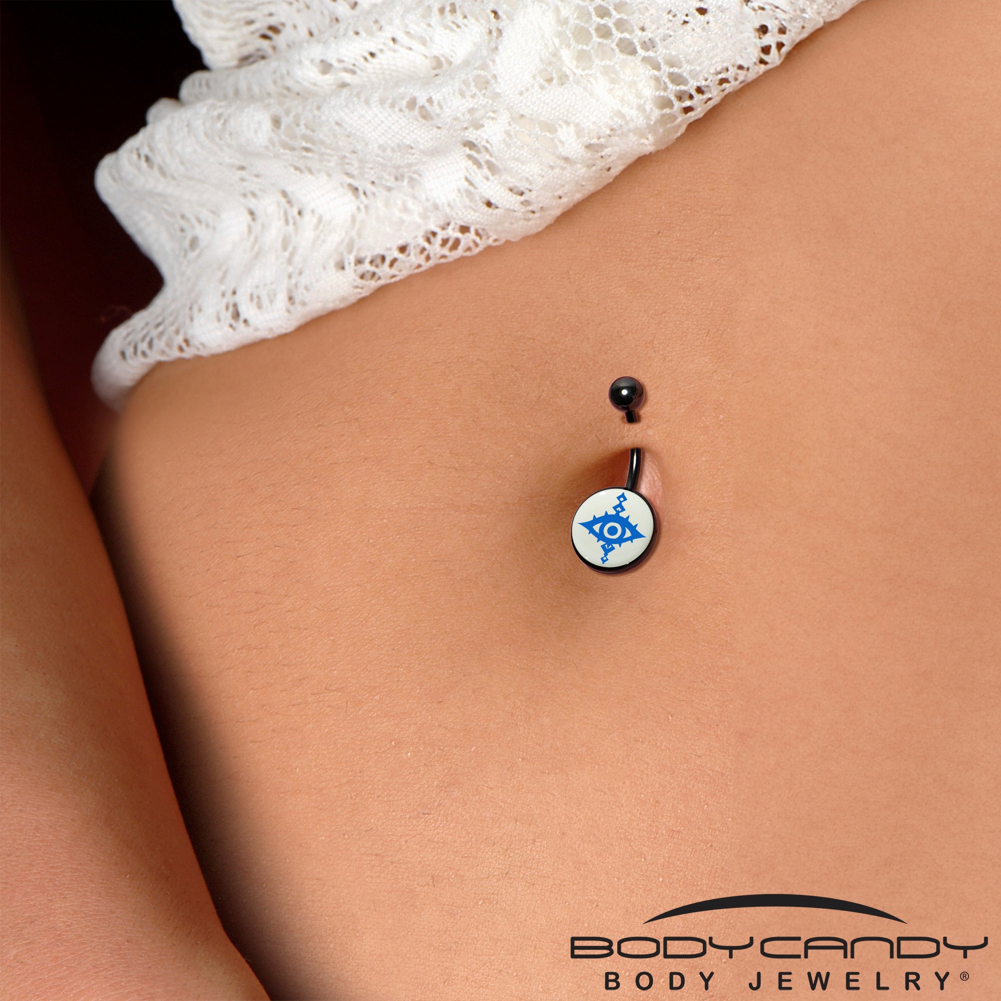 Glow-in-the-dark black belly ring with evil eye motif