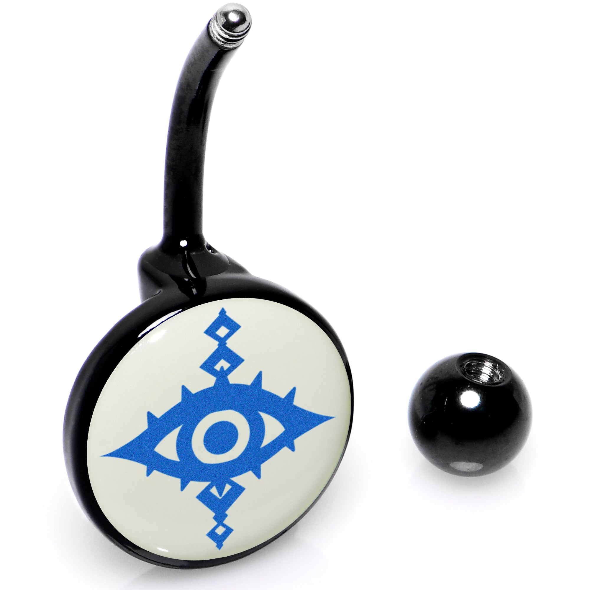 Black anodized glow-in-the-dark belly ring featuring an evil eye