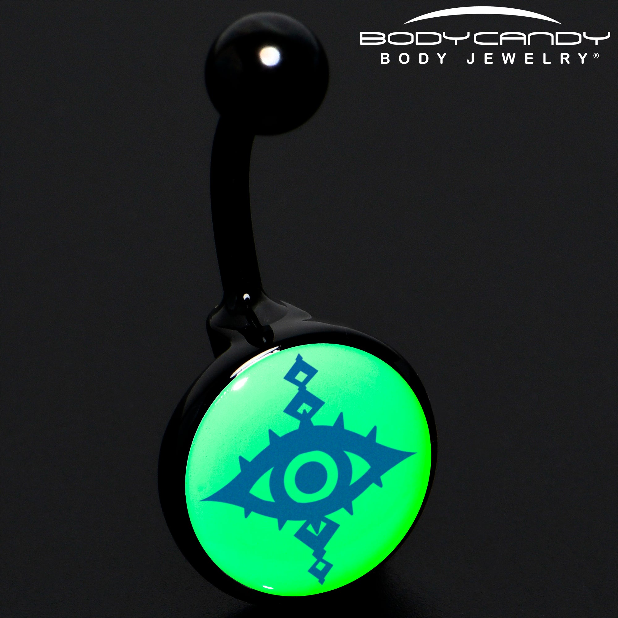 Evil eye belly ring in black anodized with nighttime glow