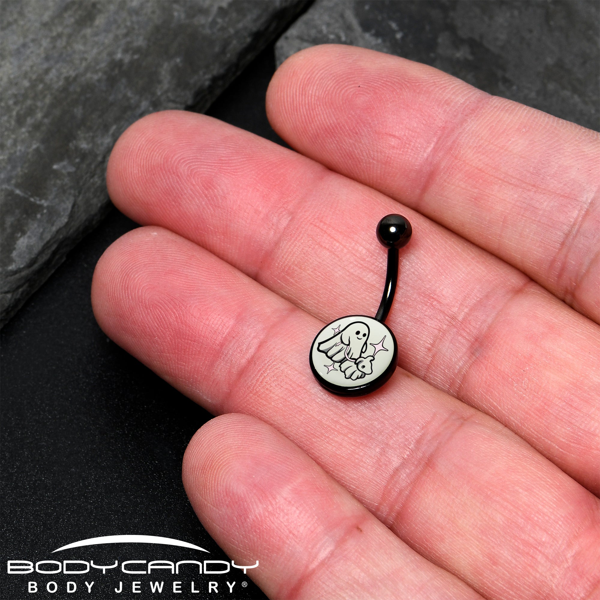 Glow-in-the-dark belly ring with black anodized Halloween ghost design