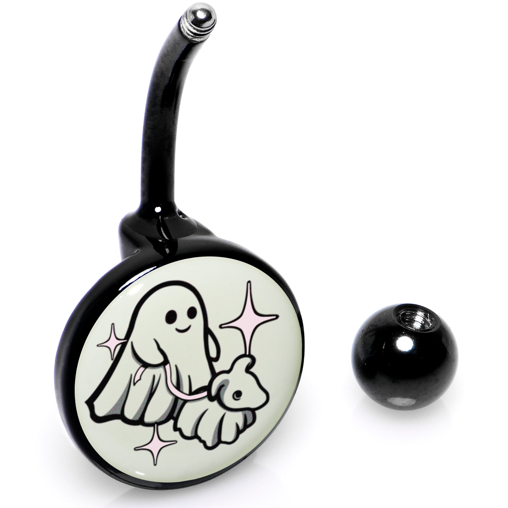 Black anodized belly ring featuring glow-in-the-dark Halloween ghost