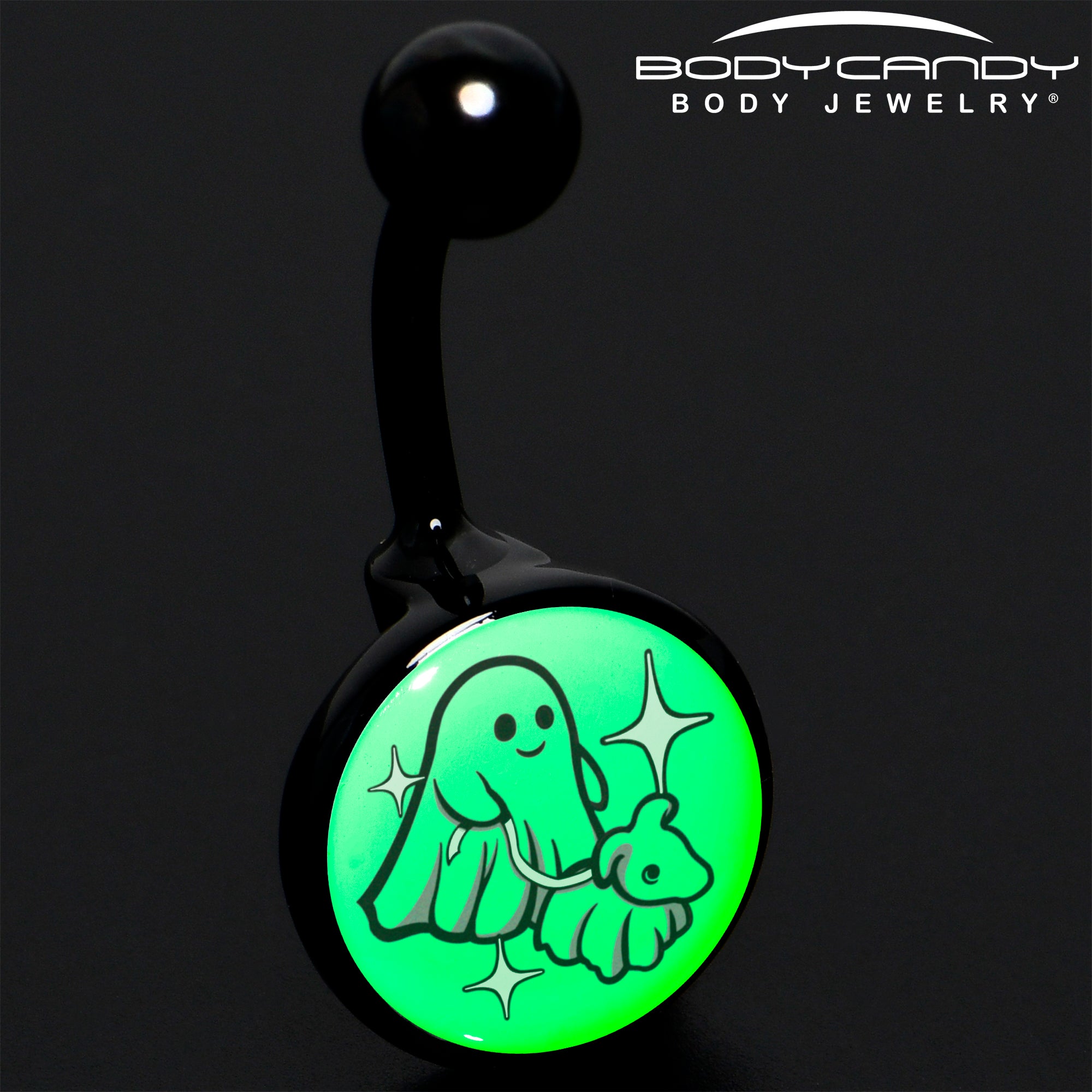 Glowing Halloween ghost belly ring with black anodized detail