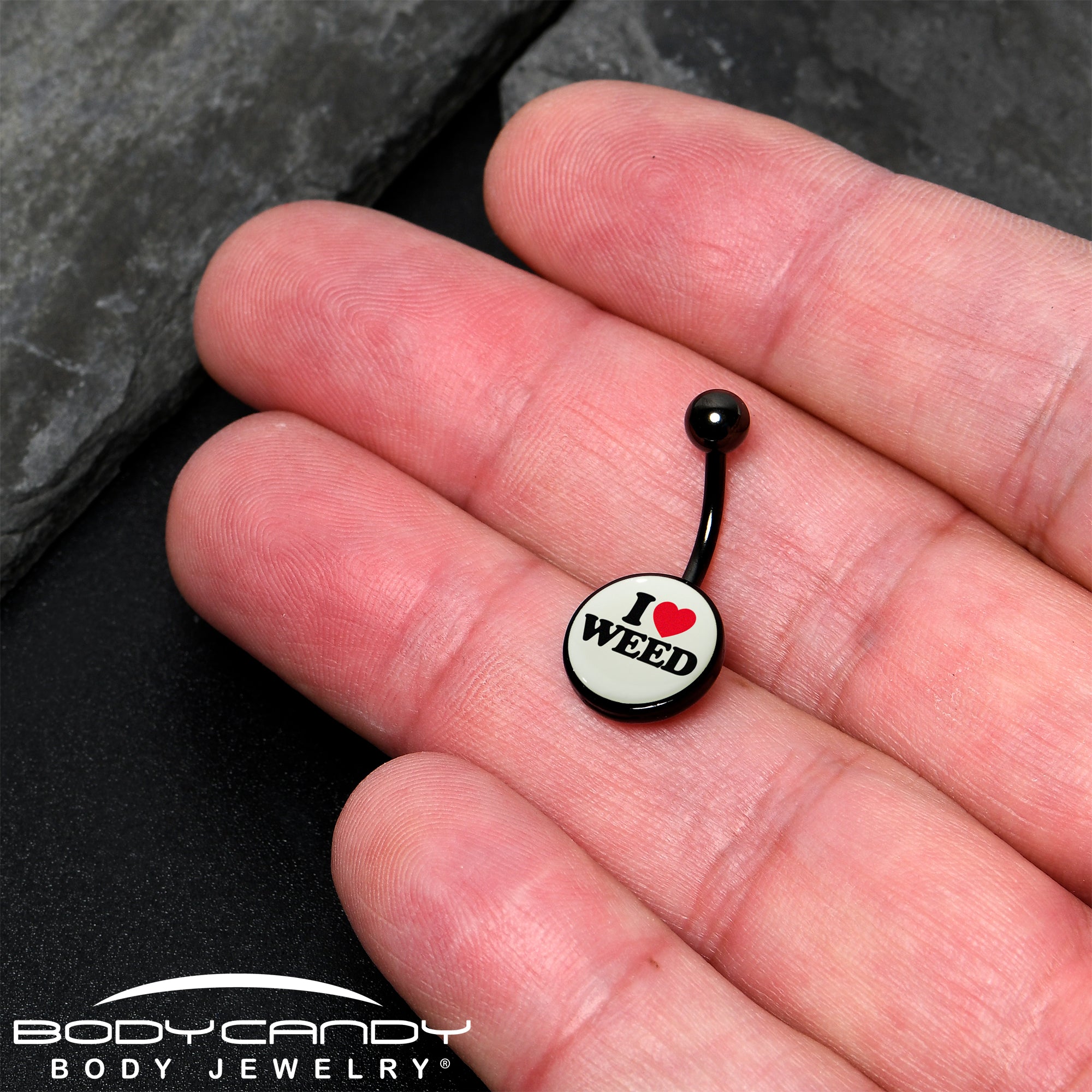 I Love Weed belly ring in black anodized metal with glow-in-the-dark feature