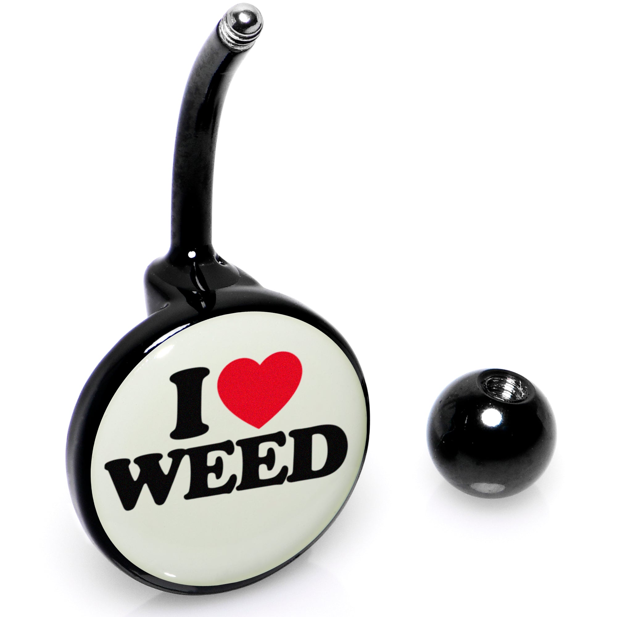 Glow-in-the-dark belly ring with black anodized finish and 'I Love Weed' text