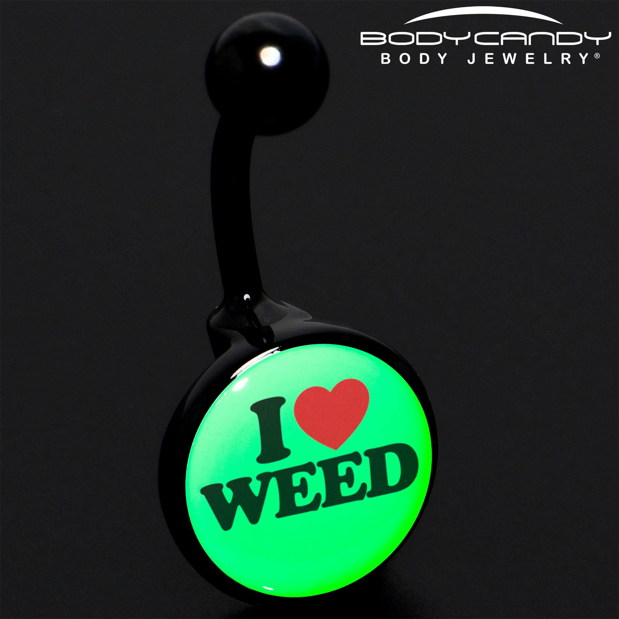 Stylish black anodized glow-in-the-dark belly ring with marijuana love message