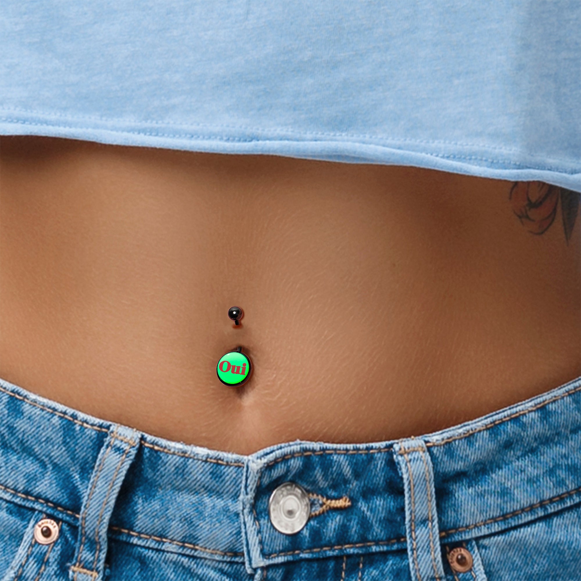 Glow in the Dark Black Anodized Belly Ring with OUI Charm