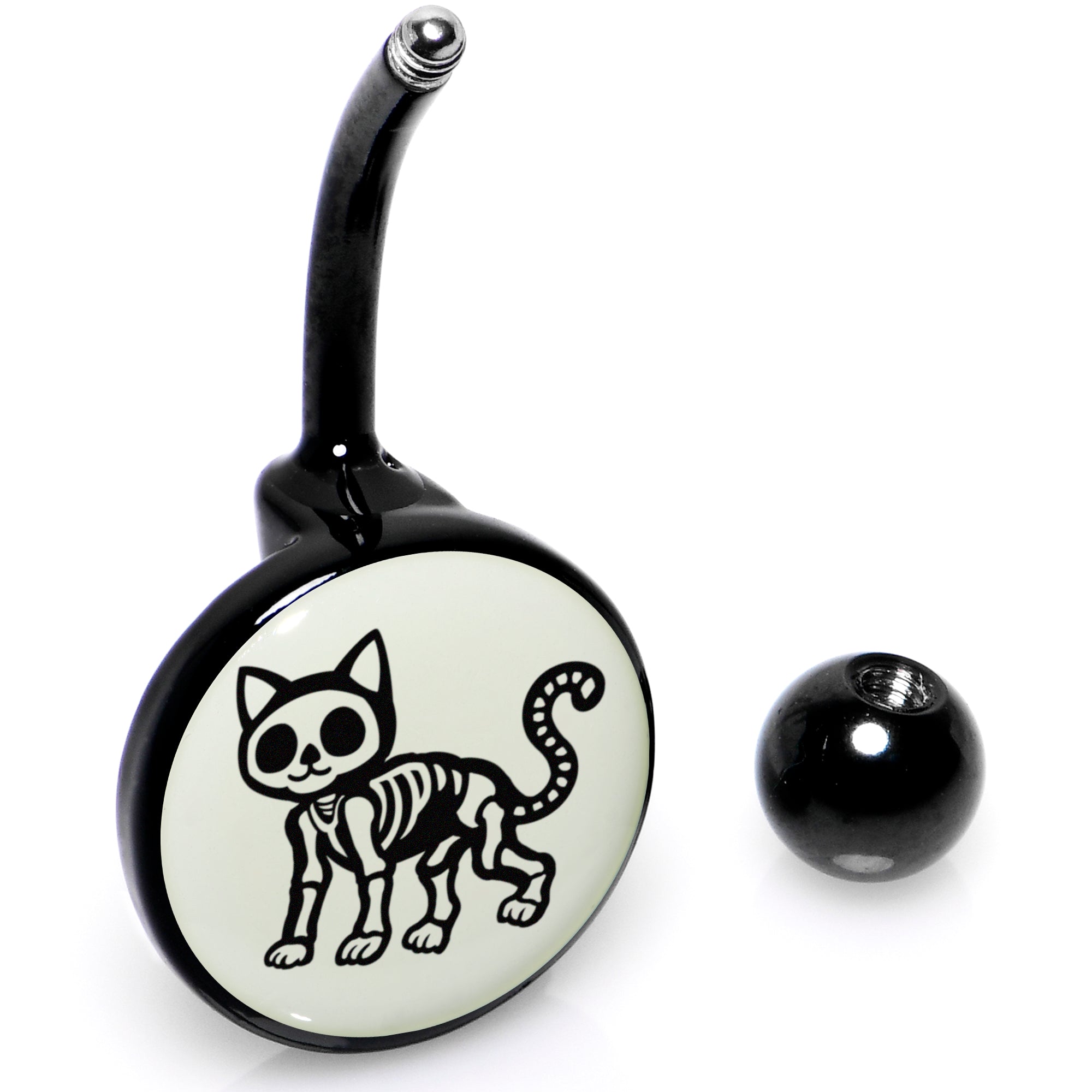 Black Anodized Belly Ring Featuring Glow in the Dark Skeleton Cat