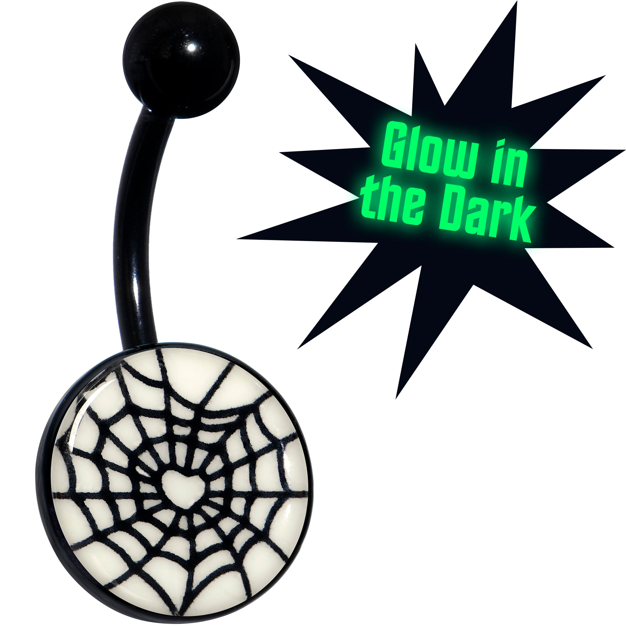 Black Glow in the Dark Heart Spider Web Belly Ring