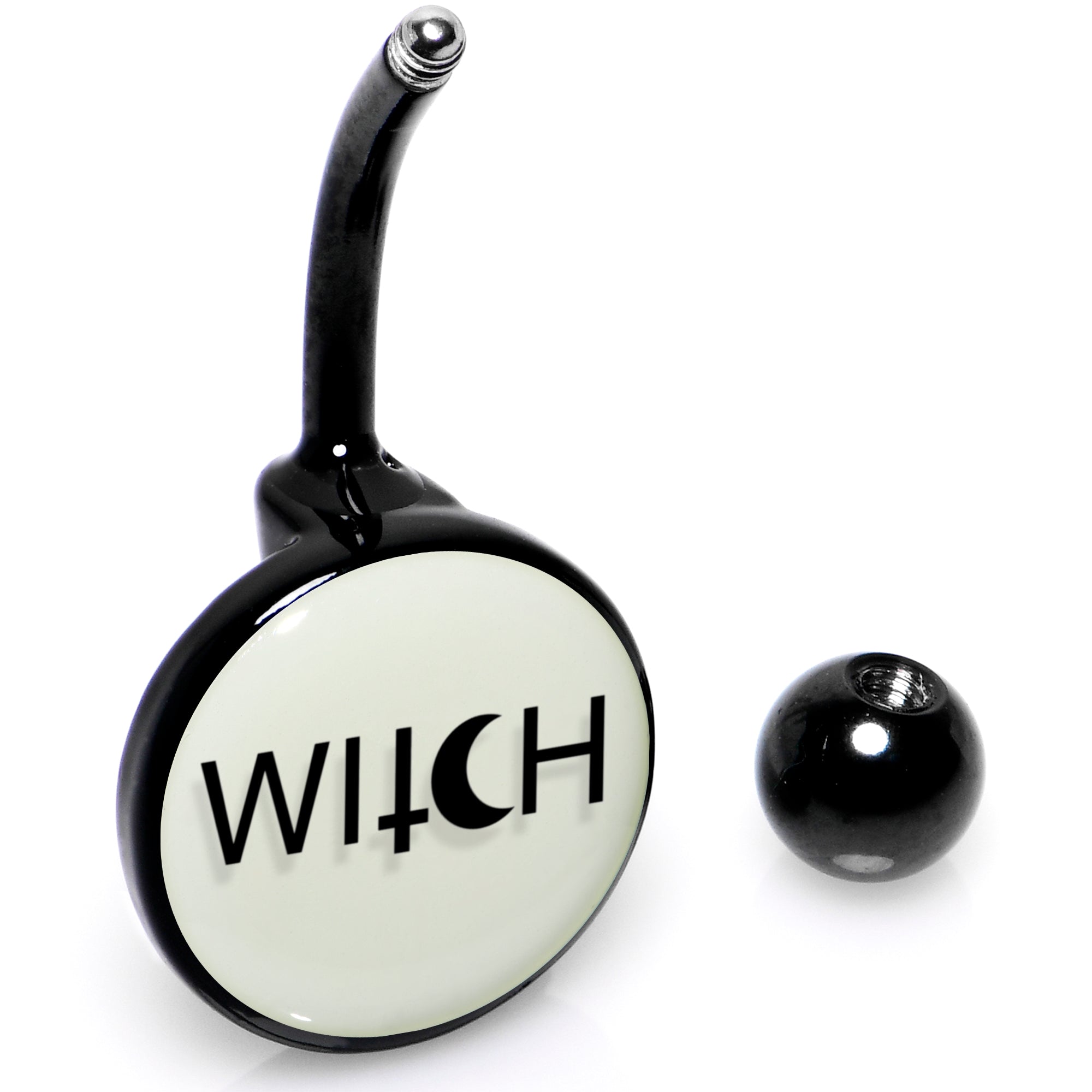 Glow in the dark belly ring featuring witch design