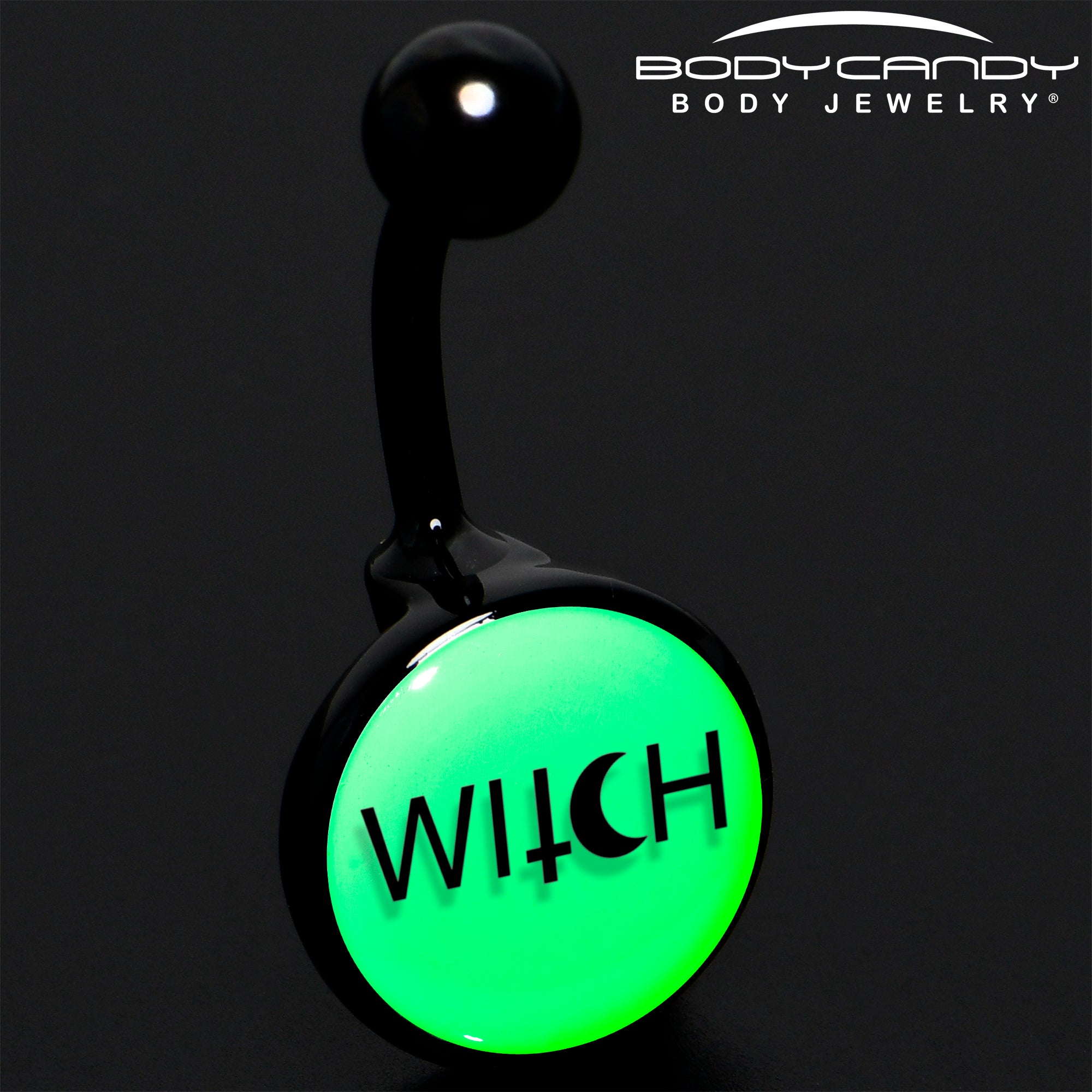 Belly ring with glow-in-the-dark mystical witch charm