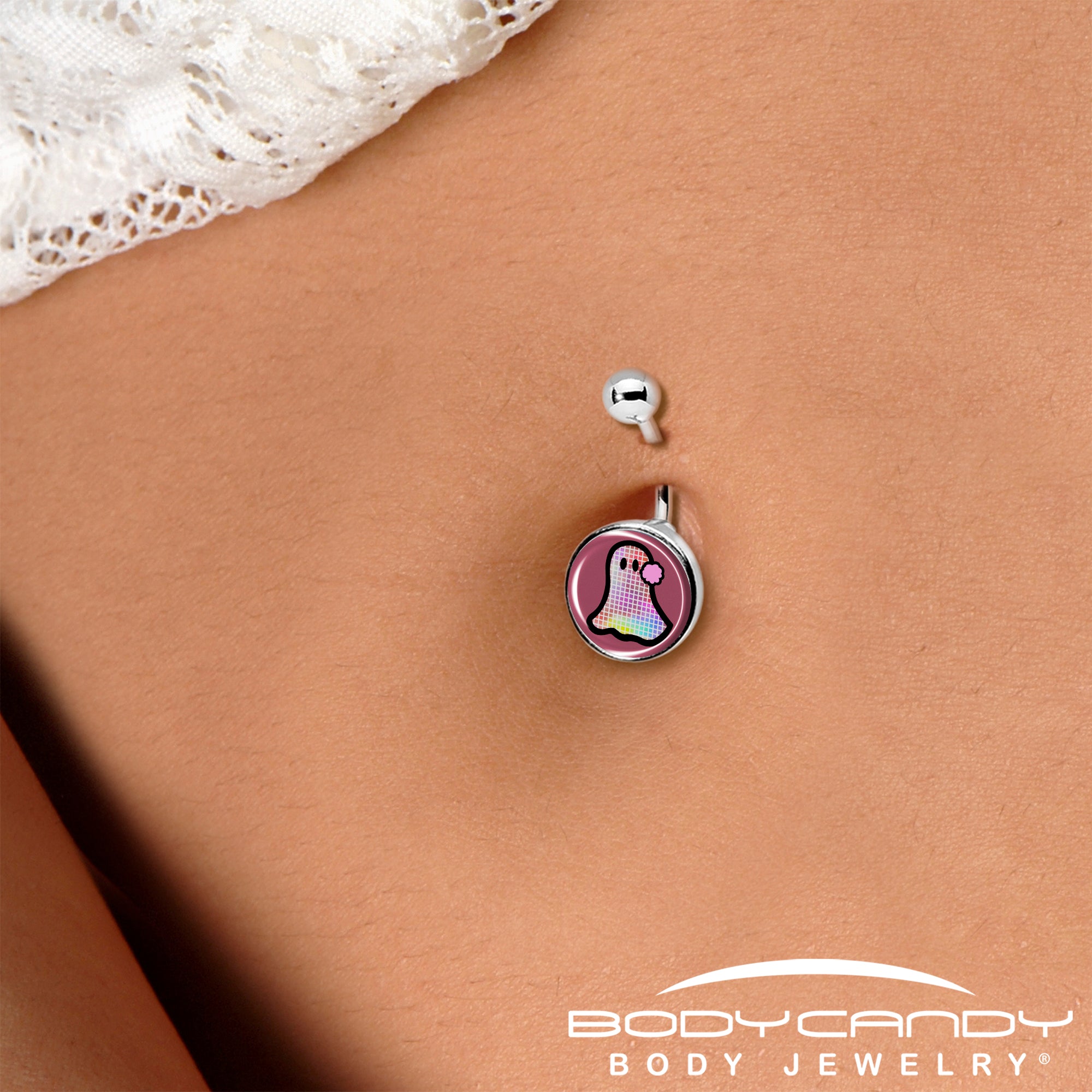 Ghost-Themed Belly Ring with Disco Ball Accent