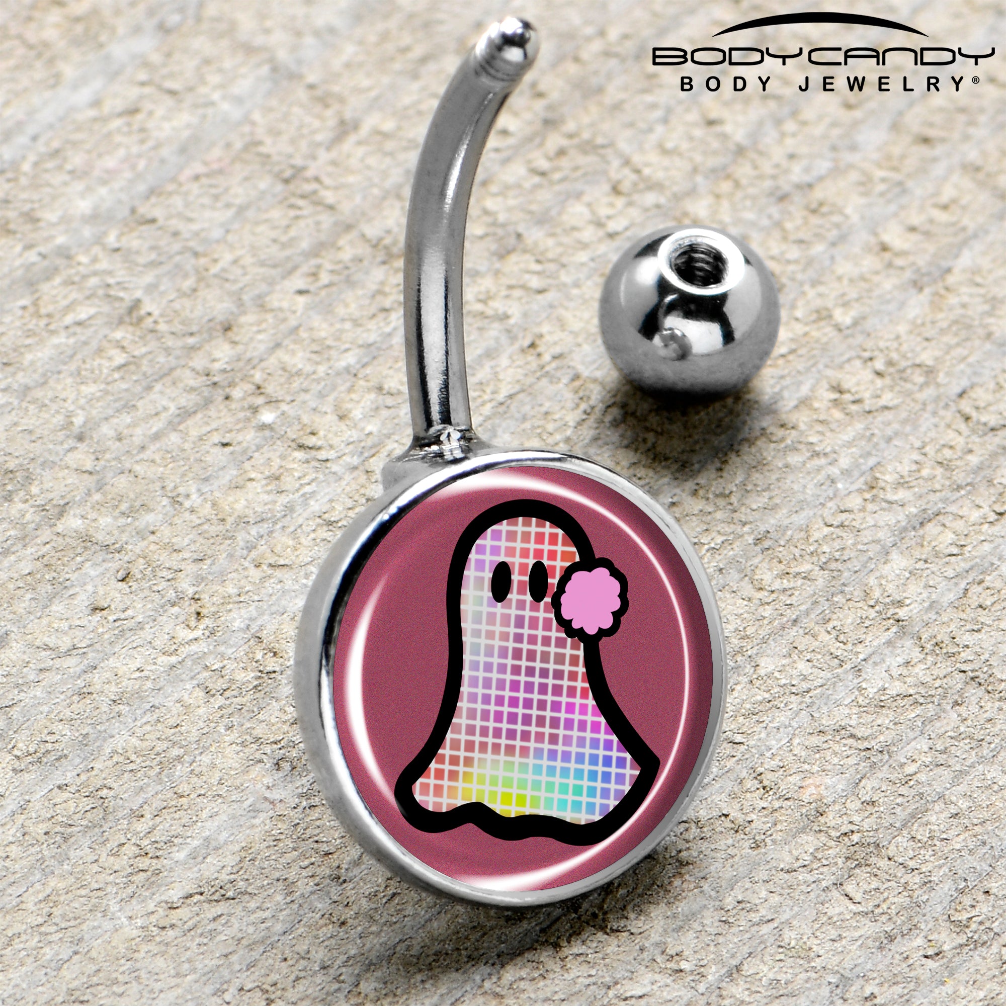 Playful Disco Spirit Belly Ring Featuring Ghost Design