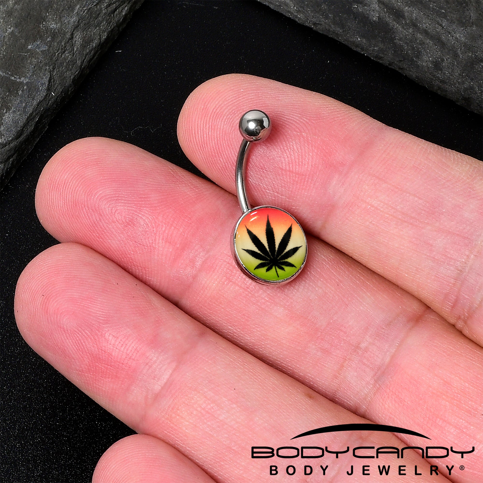 Steel Glow in the Dark Rainbow Ganja Leaf Belly Ring