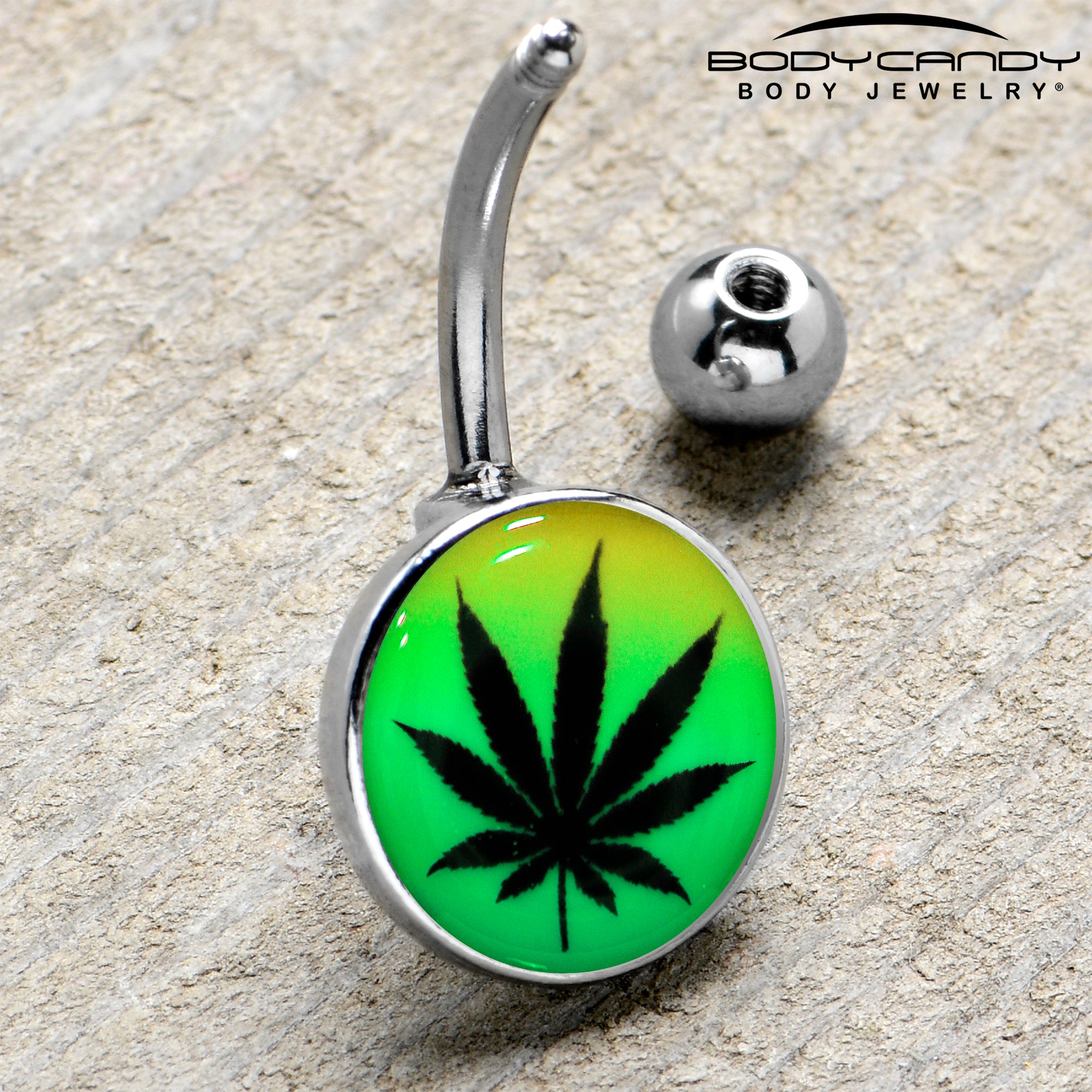 Steel Glow in the Dark Rainbow Ganja Leaf Belly Ring