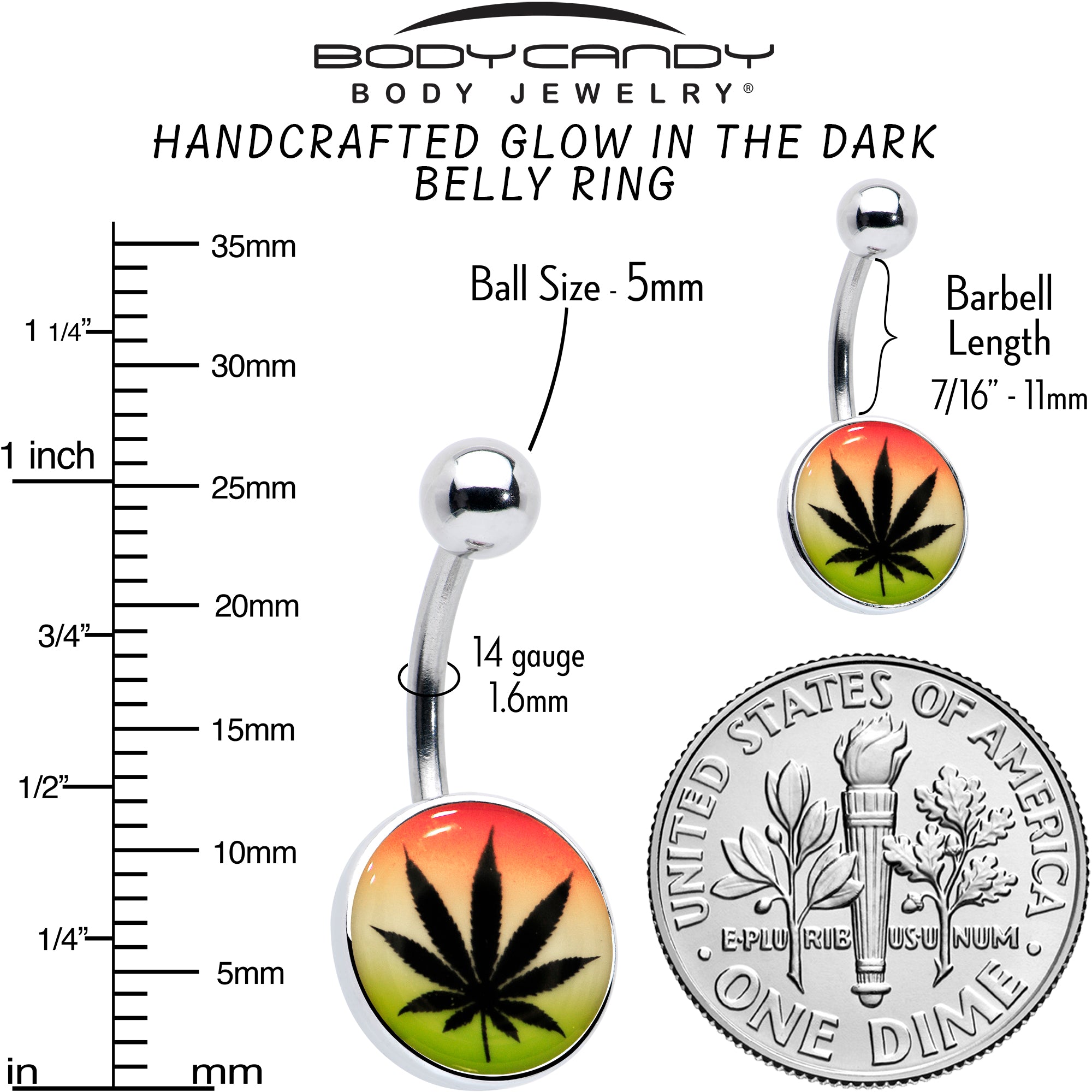 Steel Glow in the Dark Rainbow Ganja Leaf Belly Ring