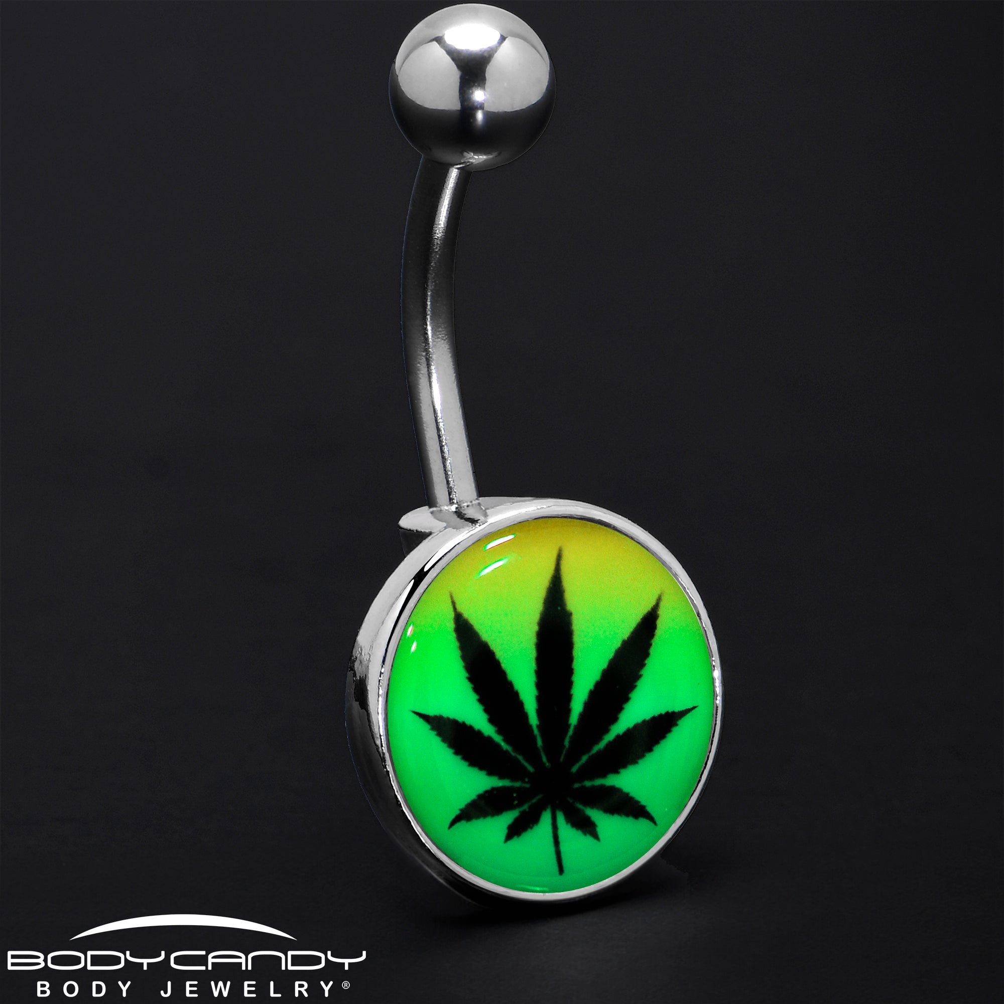 Steel Glow in the Dark Rainbow Ganja Leaf Belly Ring