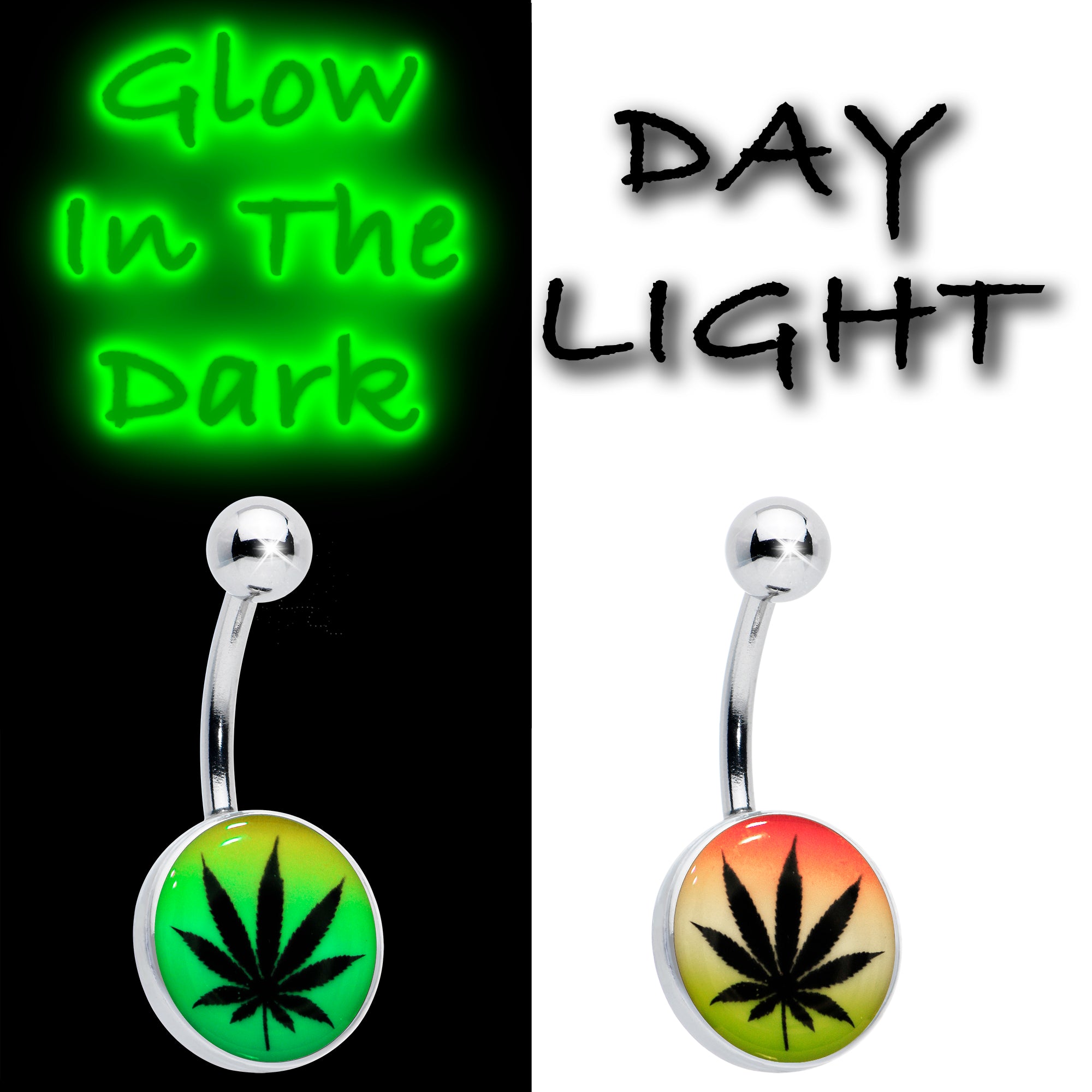 Steel Glow in the Dark Rainbow Ganja Leaf Belly Ring