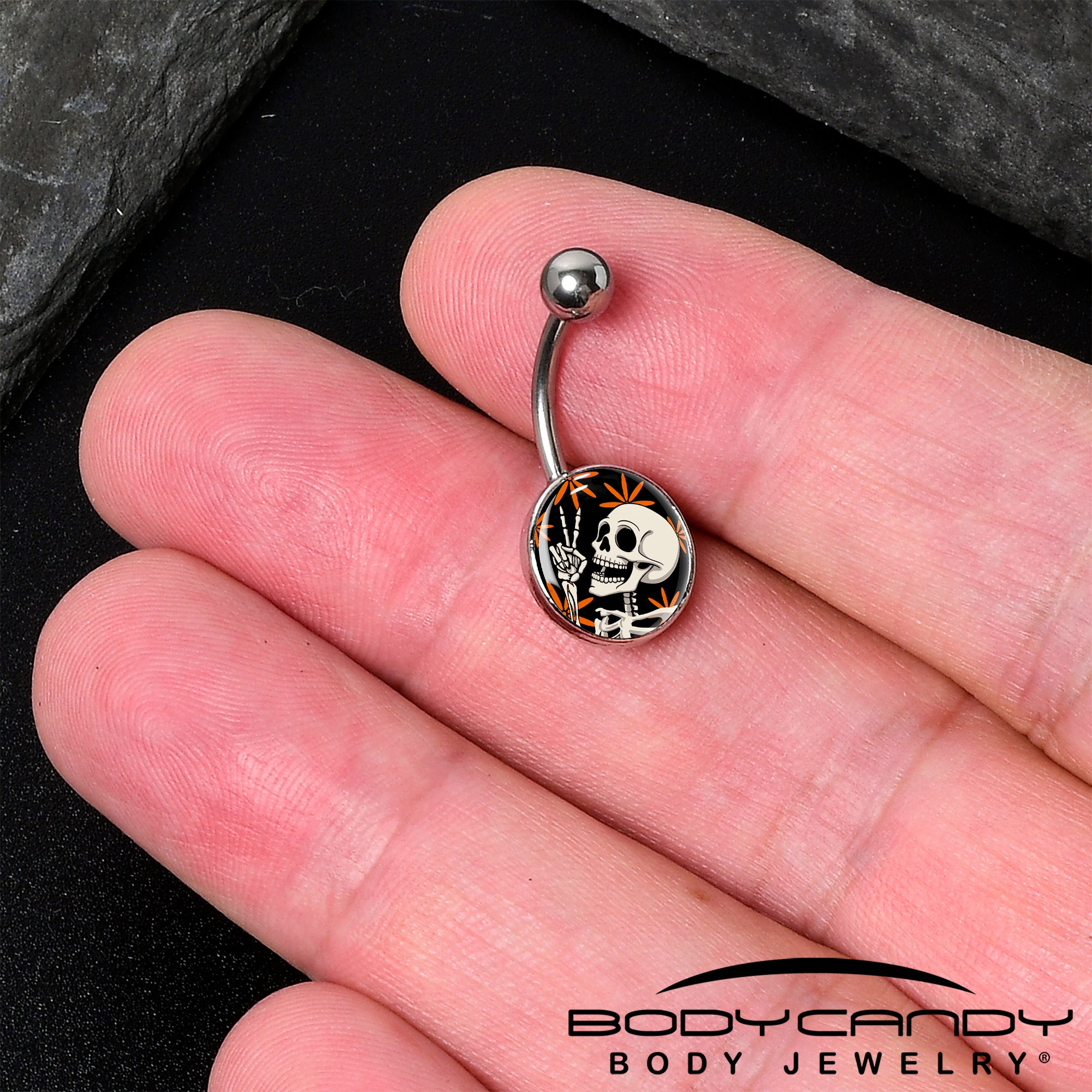 Gothic peace sign belly button ring with skeleton design