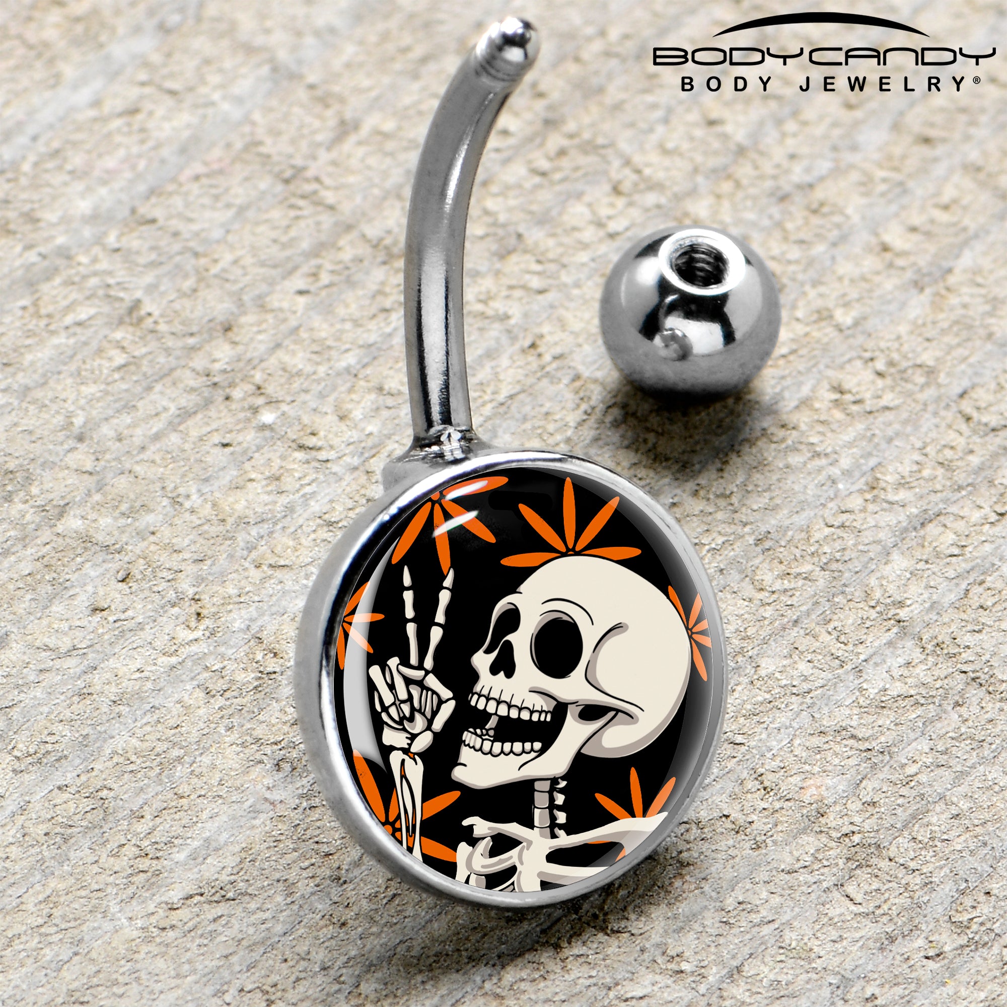 Silver peace sign skeleton belly button jewelry