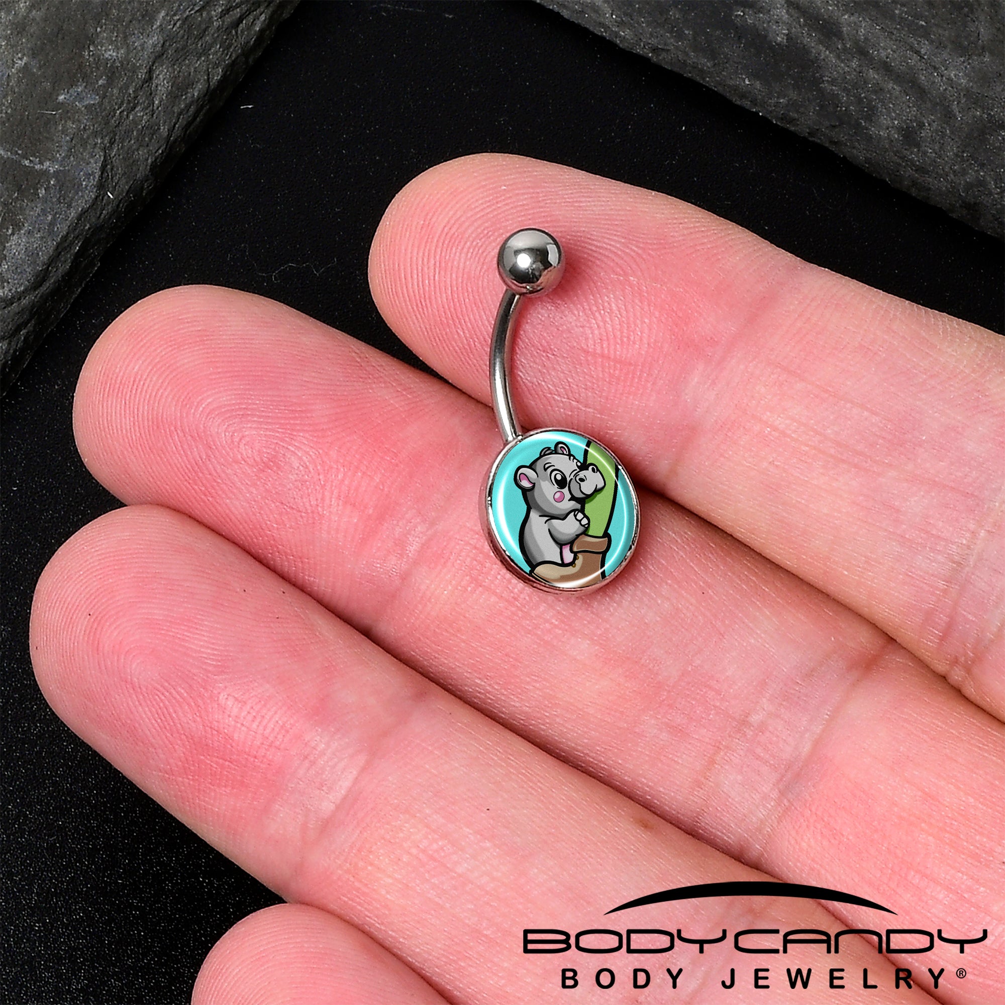 Baby hippo belly button ring with playful biting detail