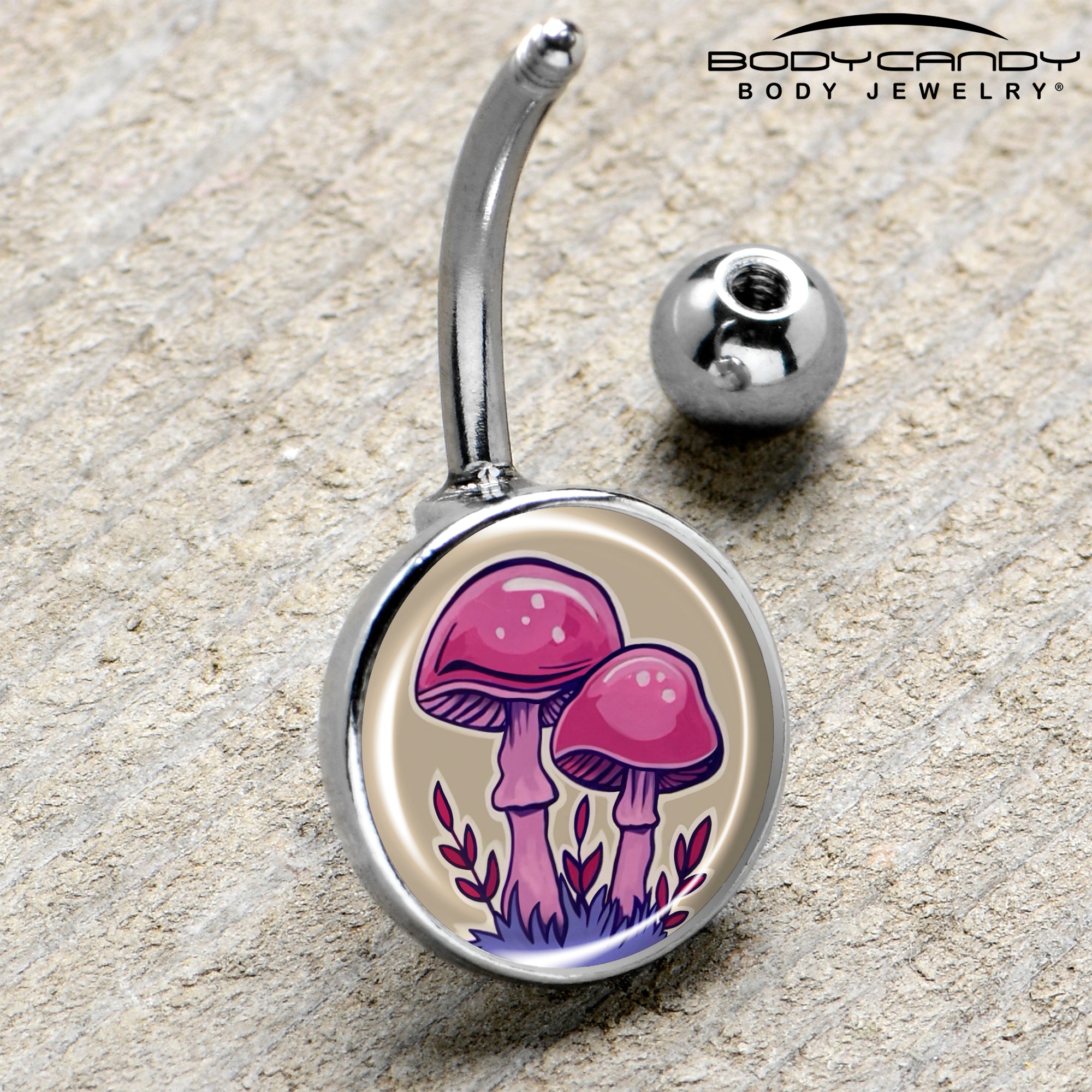 Artist Drawn Pink Mushrooms Belly Ring