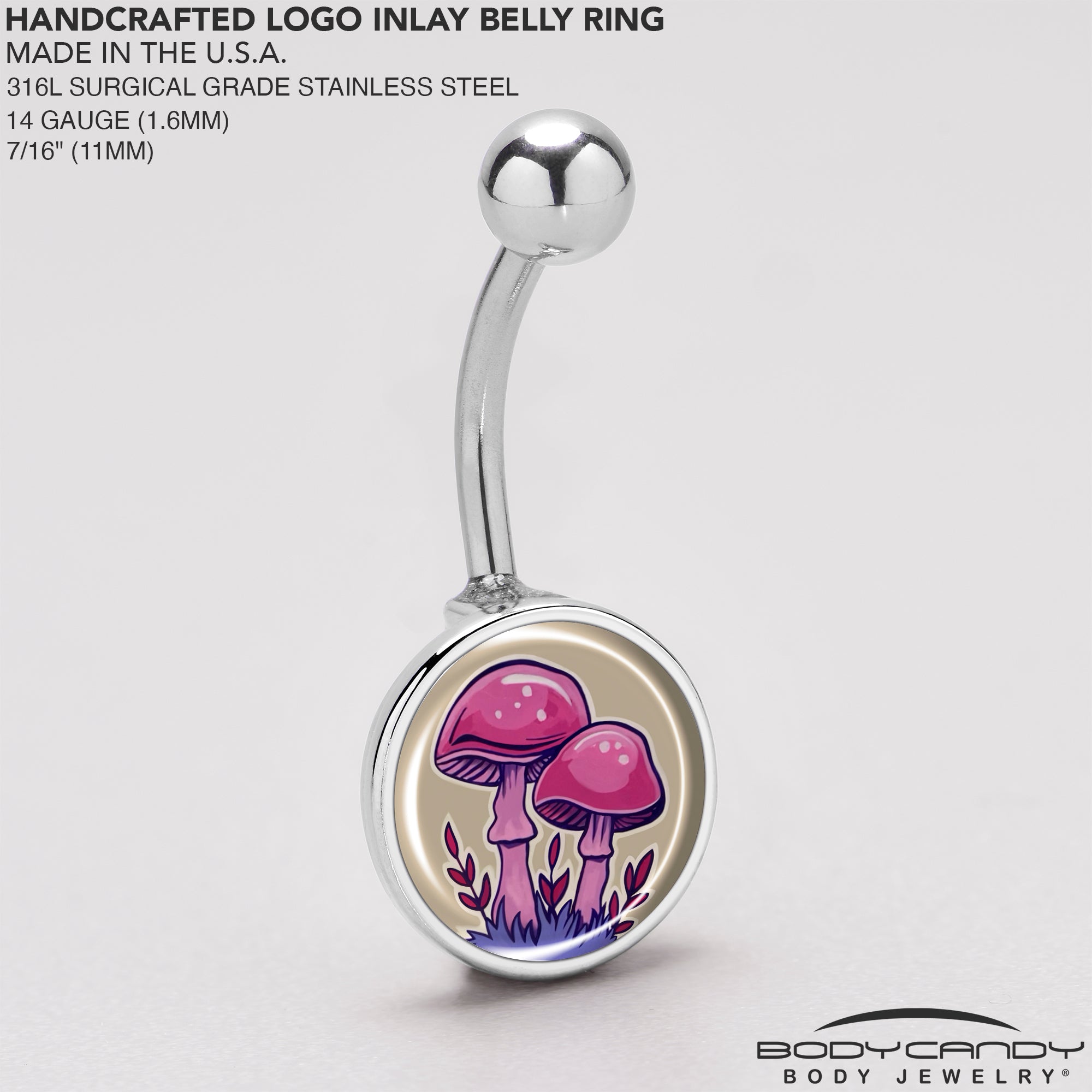 Artist Drawn Pink Mushrooms Belly Ring