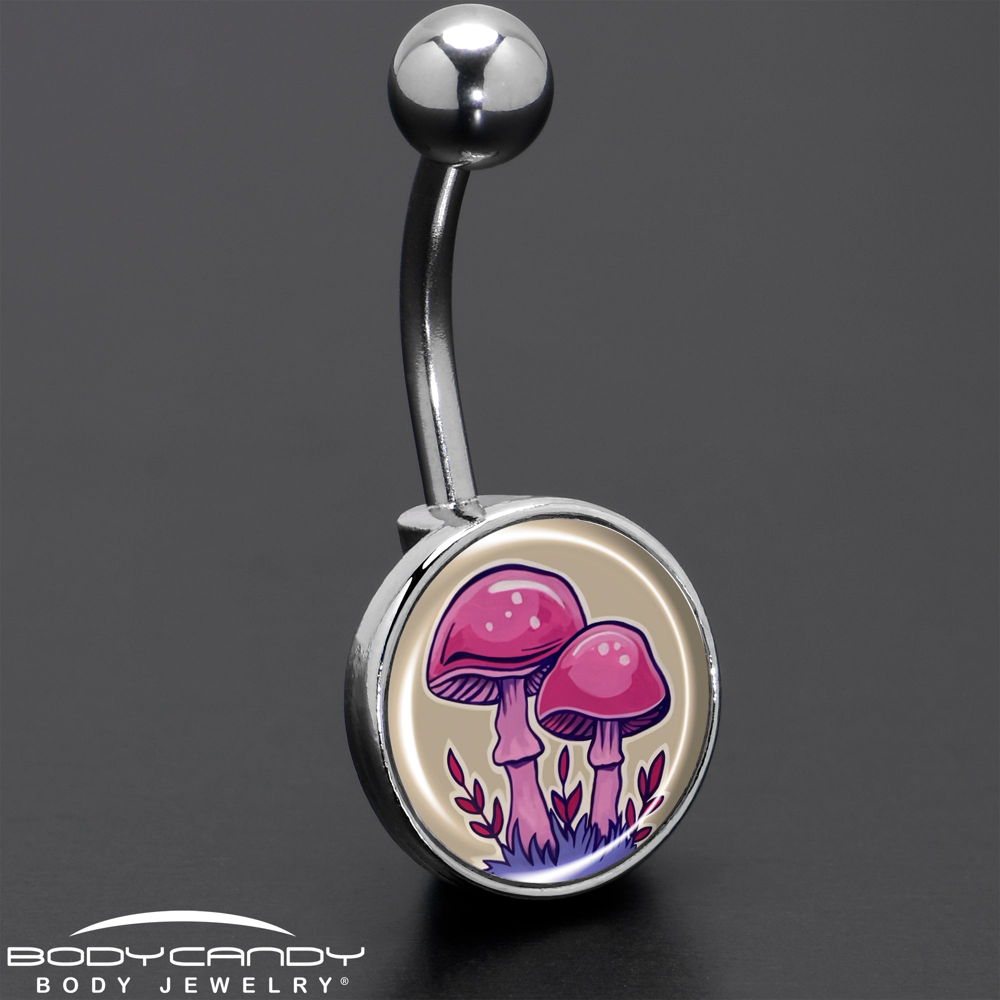 Artist Drawn Pink Mushrooms Belly Ring