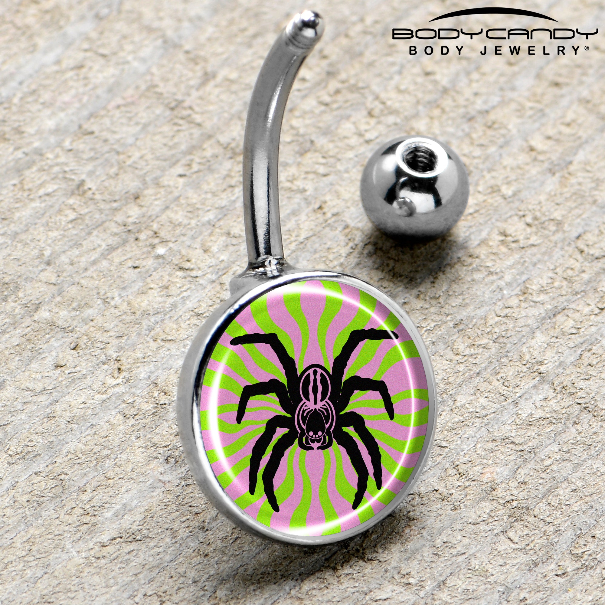 Artistic spider belly ring with psychedelic colors