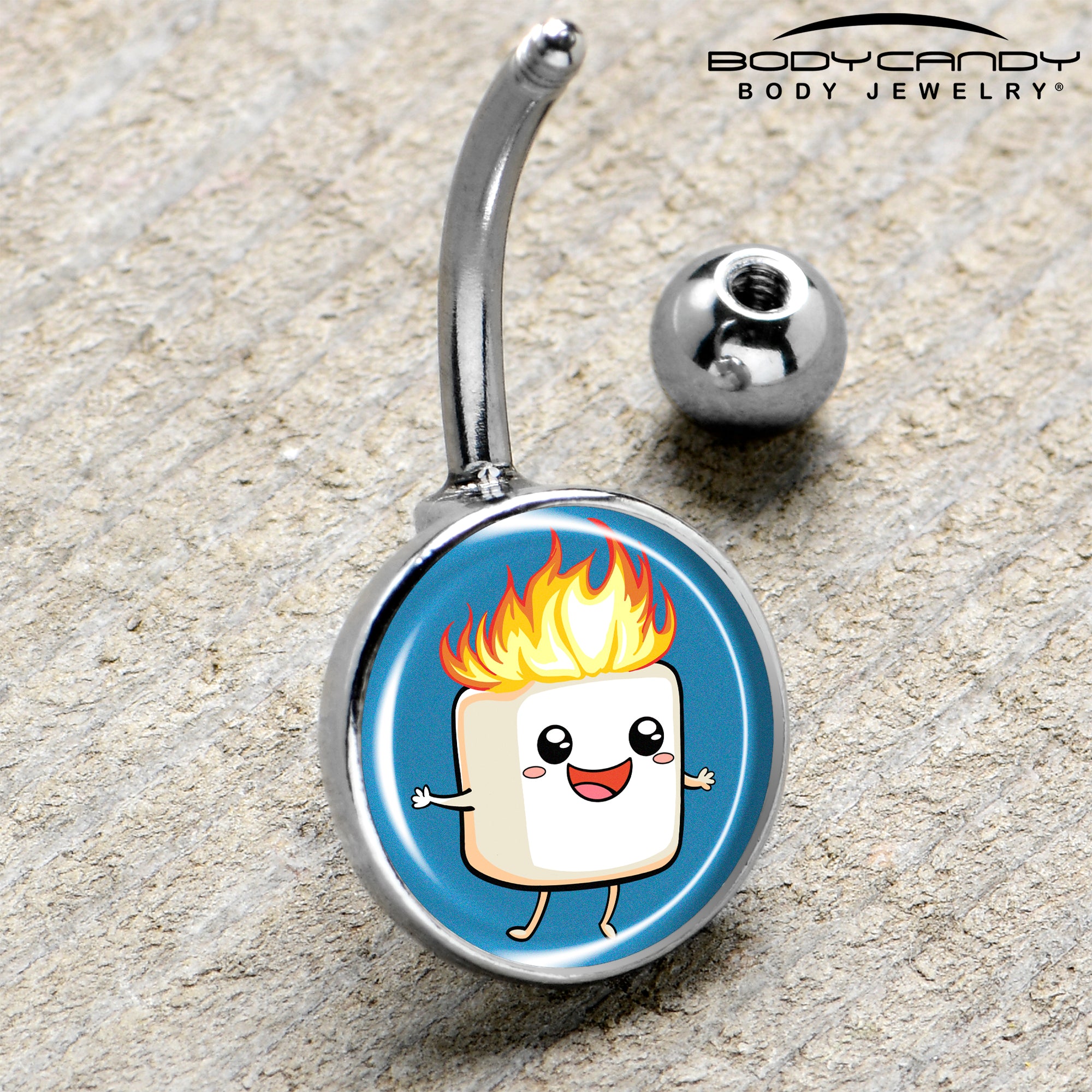 Burning Marshmallow Belly Ring with whimsical fire effect