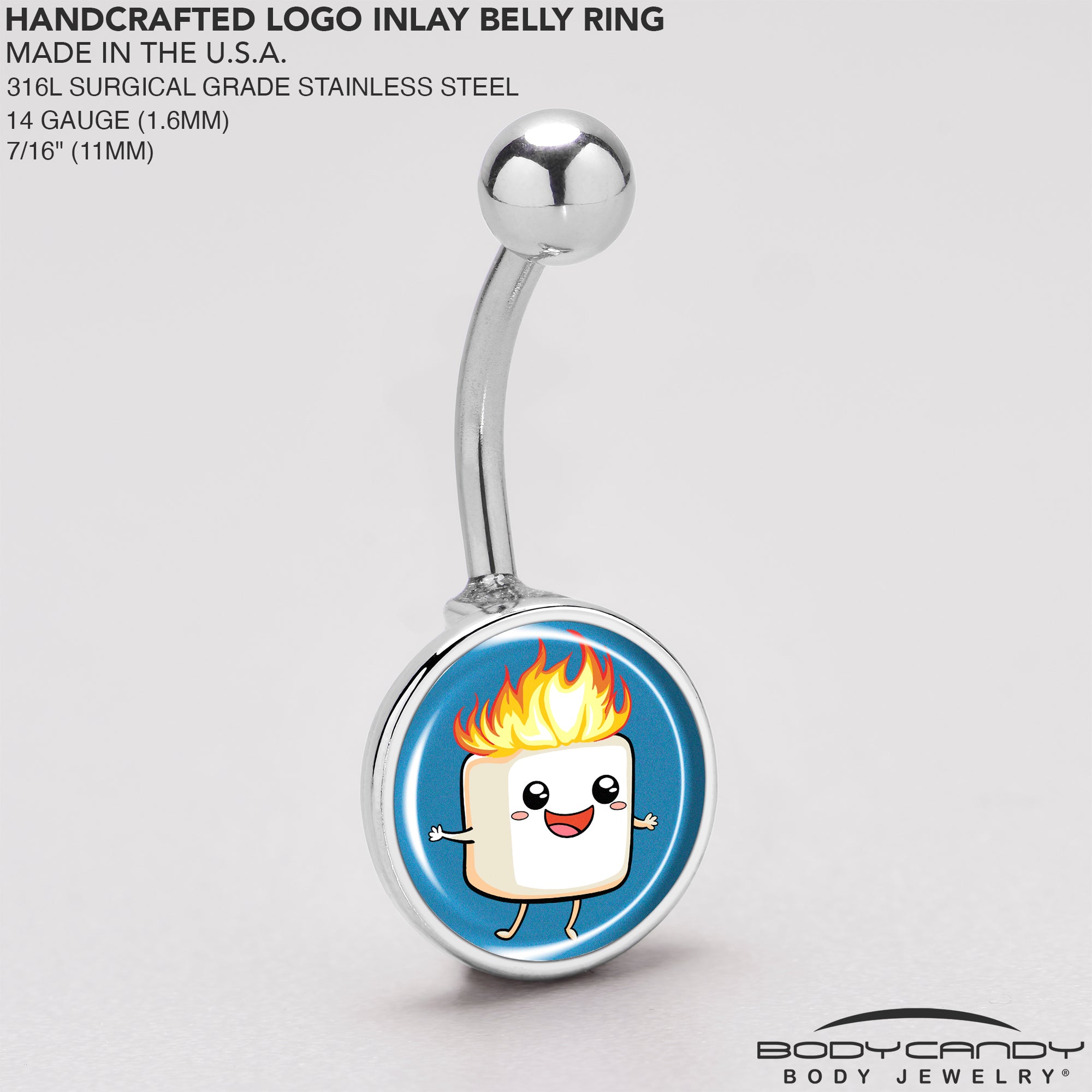 Fun and quirky belly ring with a marshmallow engulfed in flames