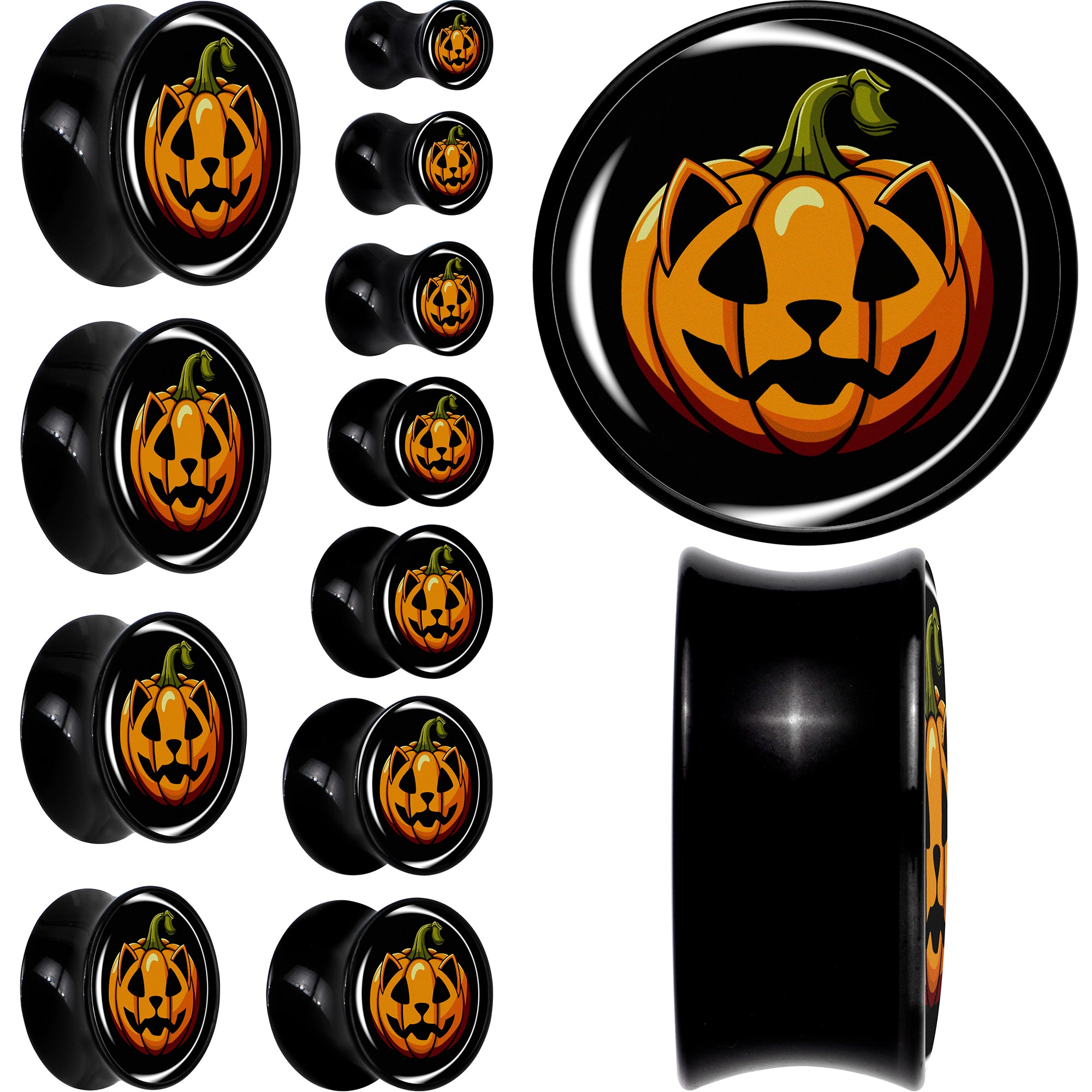 Orange Pumpkin Cat Jack-O-Lantern Black Acrylic Saddle Plug Set