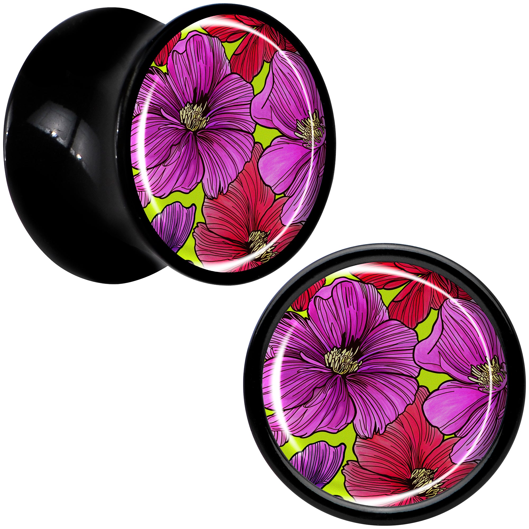 Blossom Creation Tropical Floral Flowers Black Acrylic Saddle Plug Set