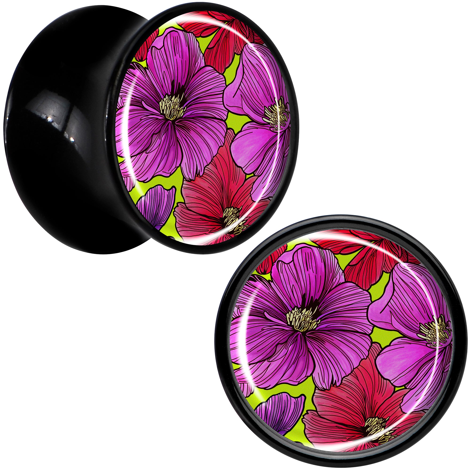 Blossom Creation Tropical Floral Flowers Black Acrylic Saddle Plug Set