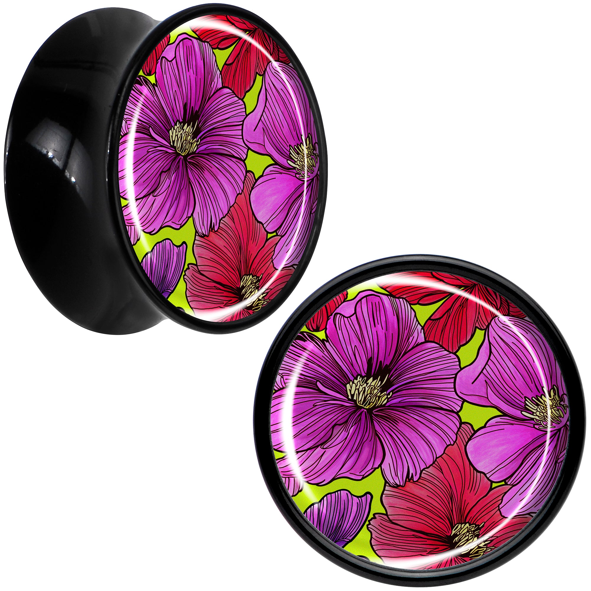 Blossom Creation Tropical Floral Flowers Black Acrylic Saddle Plug Set