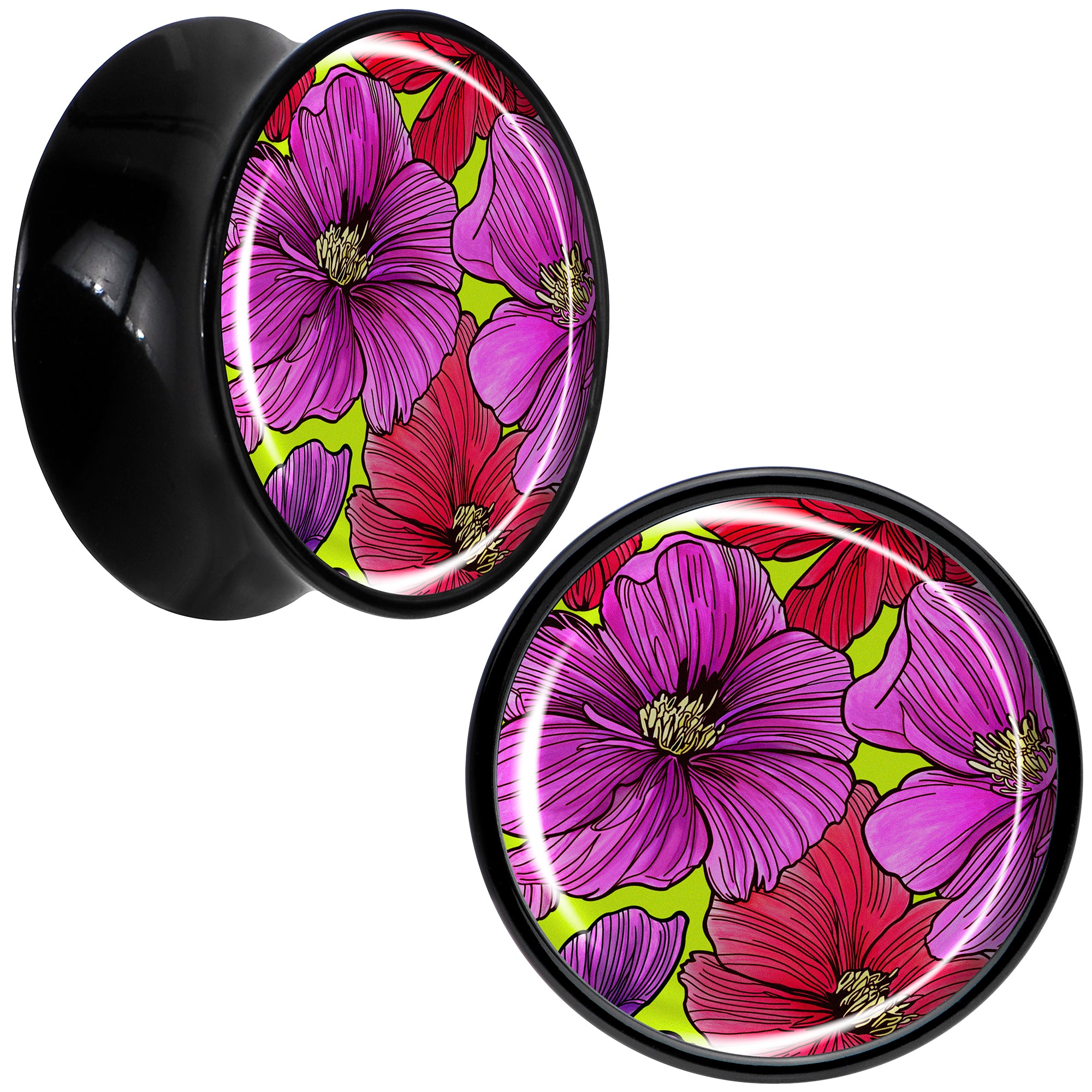 Blossom Creation Tropical Floral Flowers Black Acrylic Saddle Plug Set