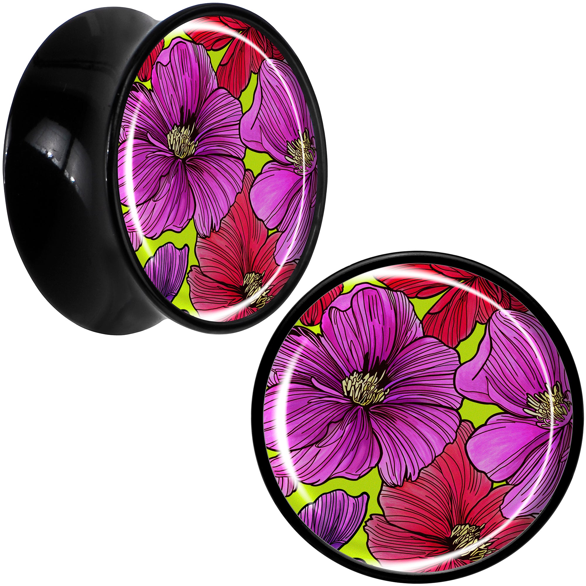 Blossom Creation Tropical Floral Flowers Black Acrylic Saddle Plug Set