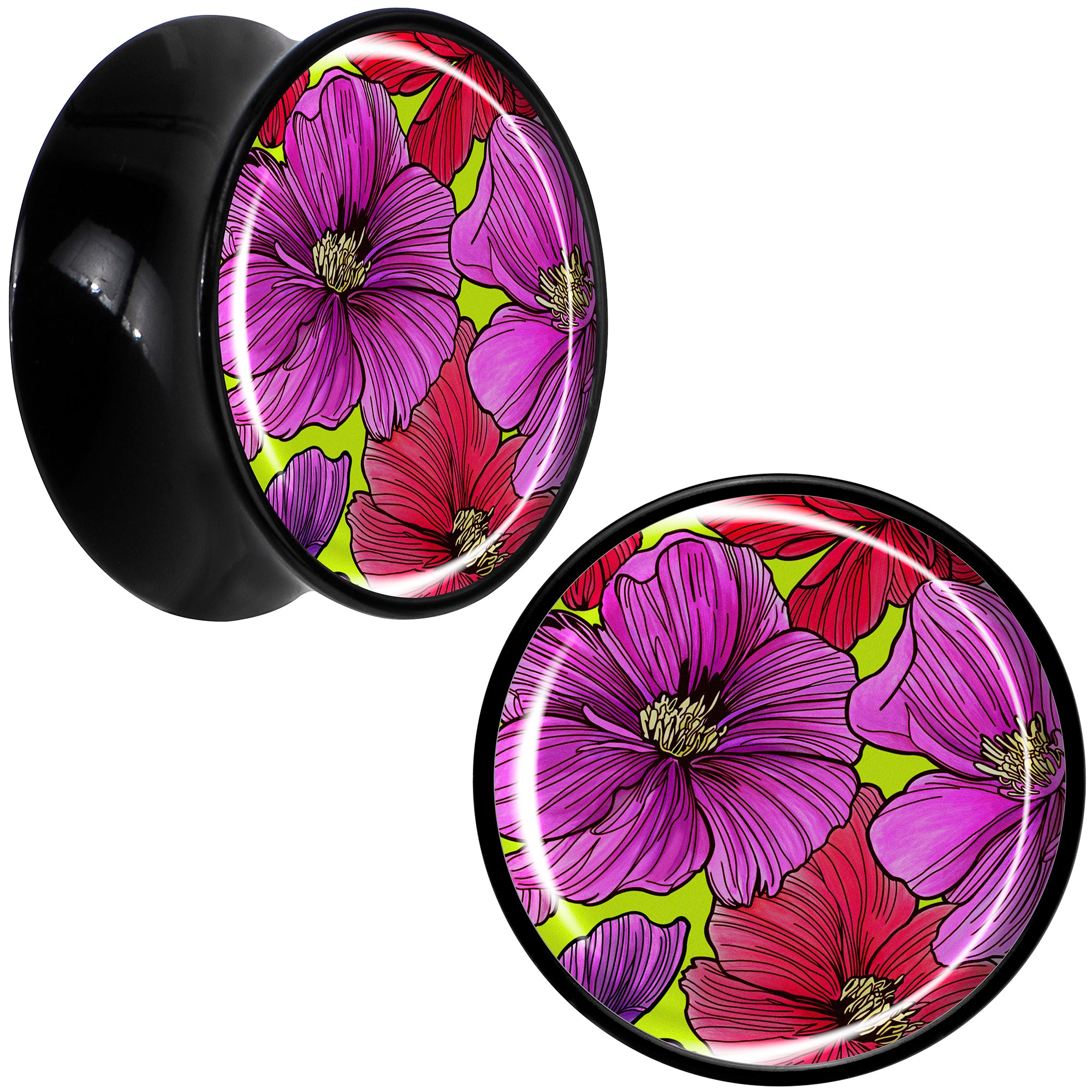 Blossom Creation Tropical Floral Flowers Black Acrylic Saddle Plug Set