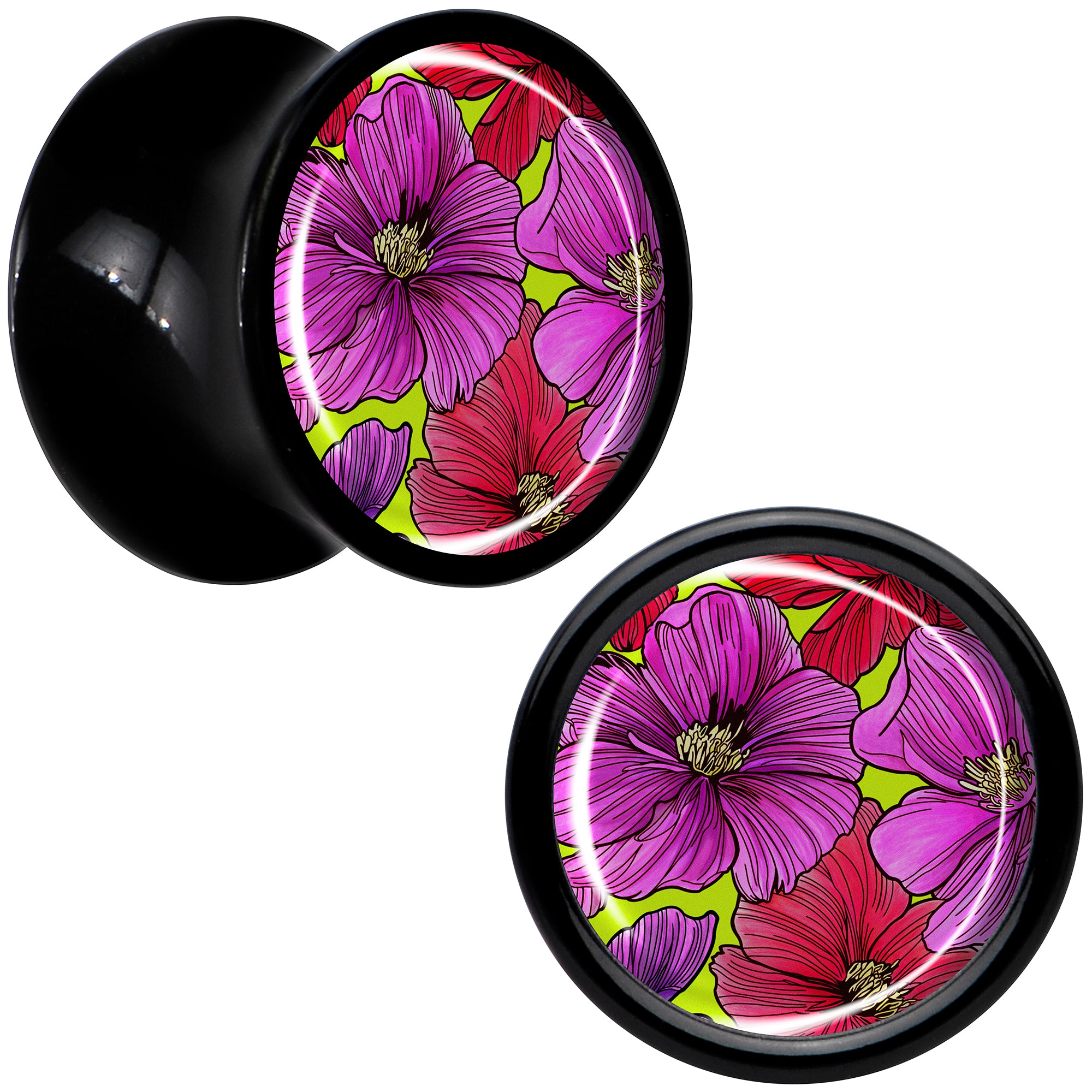 Blossom Creation Tropical Floral Flowers Black Acrylic Saddle Plug Set