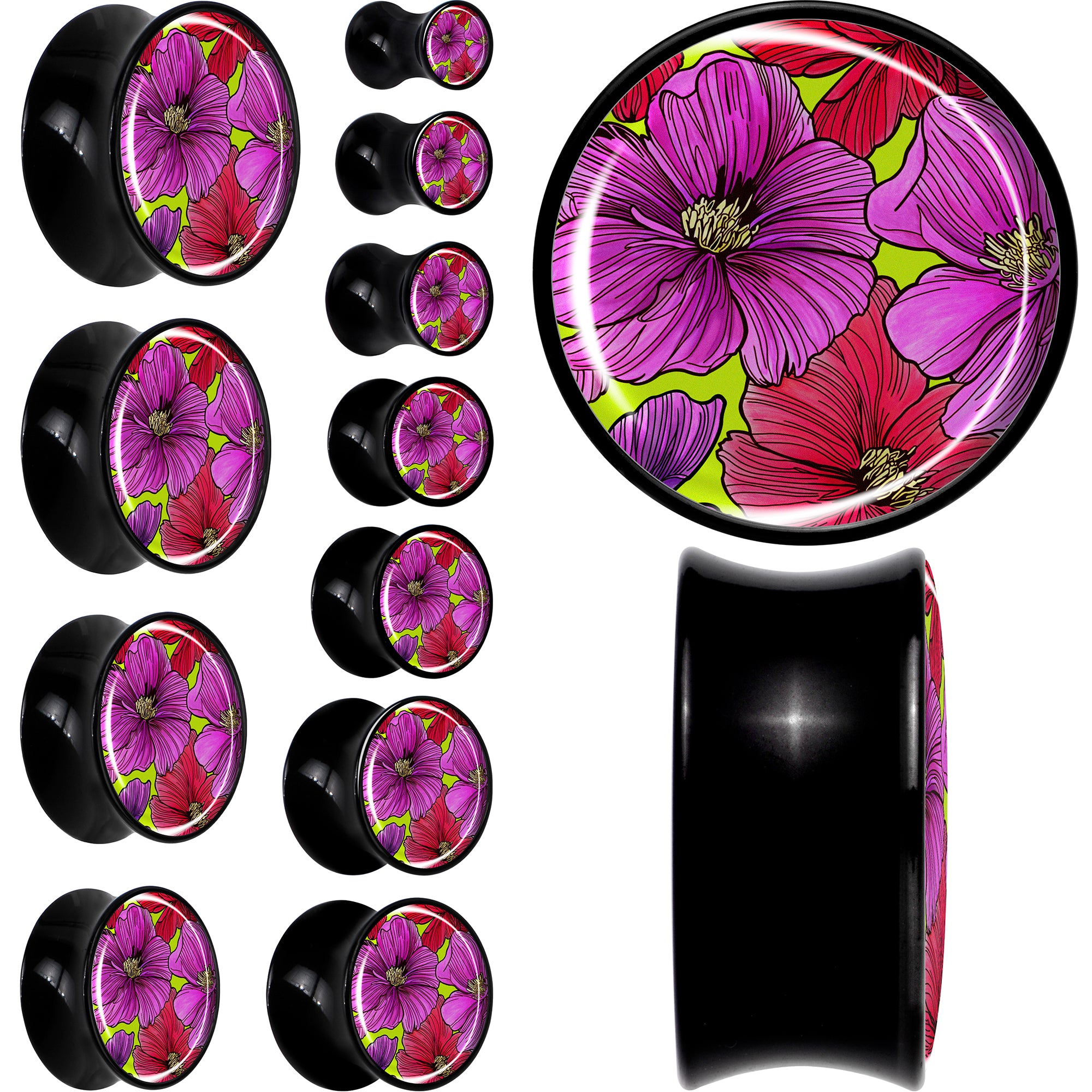 Blossom Creation Tropical Floral Flowers Black Acrylic Saddle Plug Set