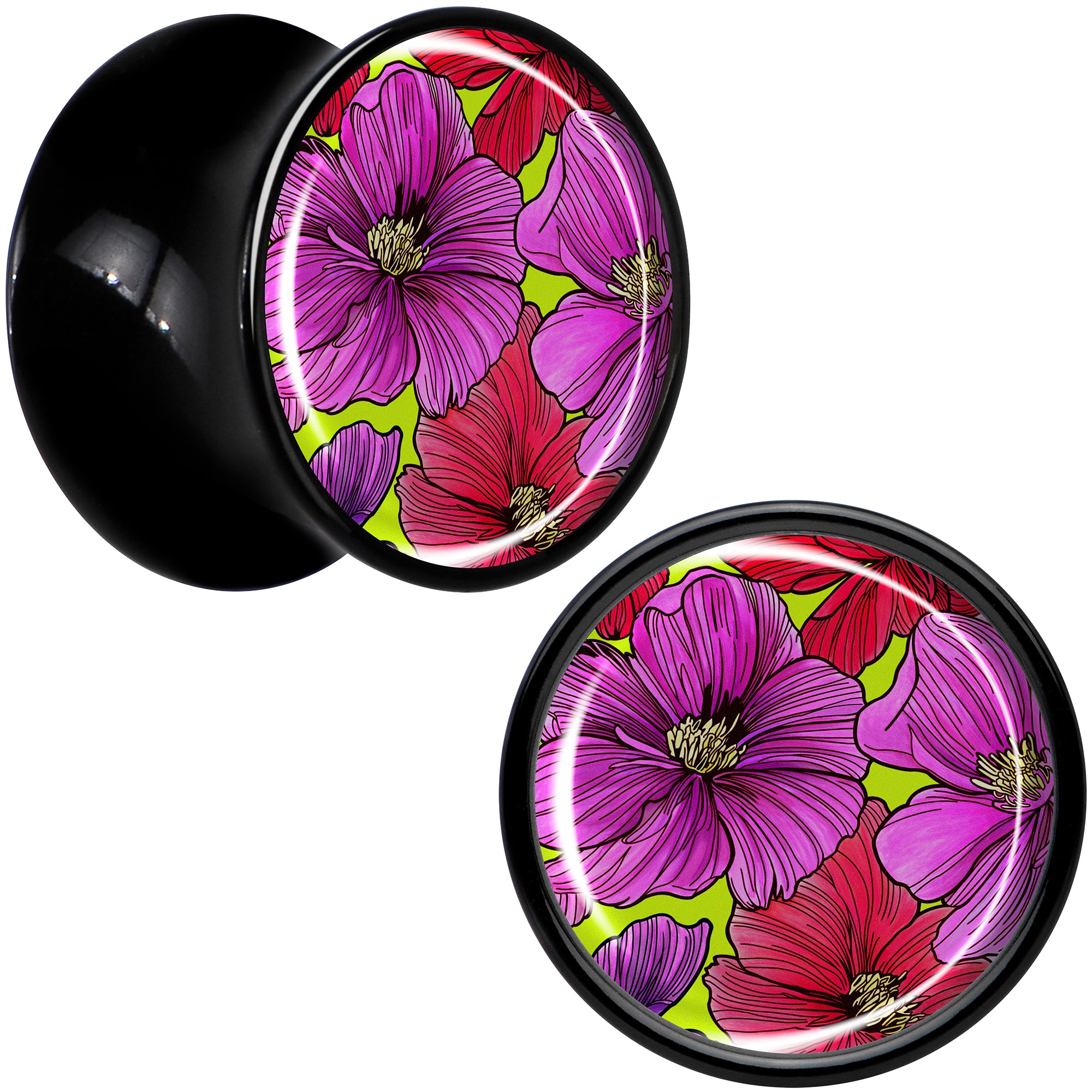 Blossom Creation Tropical Floral Flowers Black Acrylic Saddle Plug Set