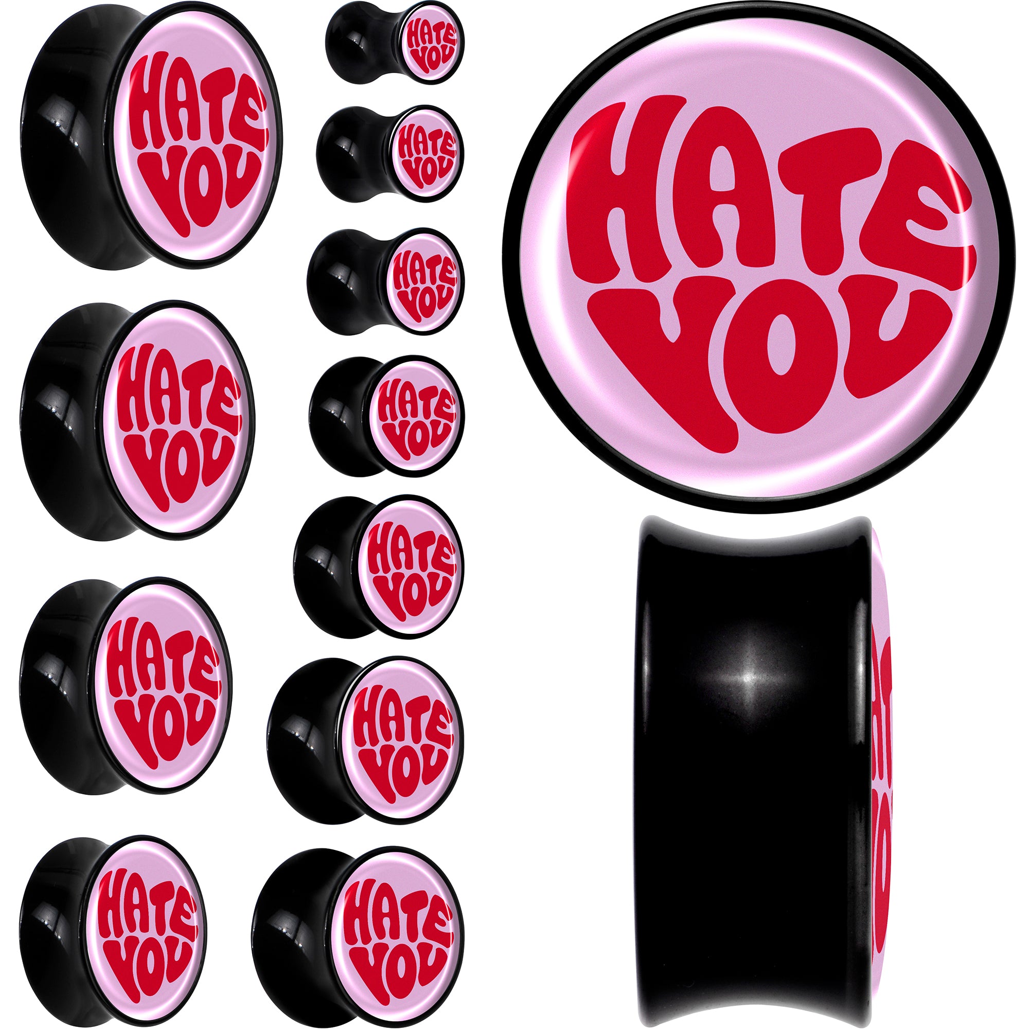 Retro Text Hate You Black Acrylic Saddle Plug Set