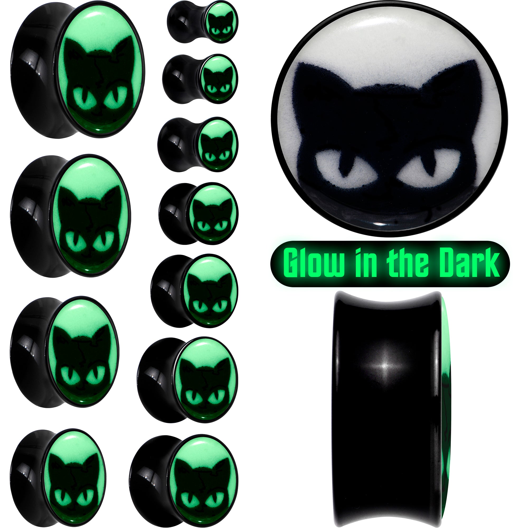 Black Acrylic Glow in the Dark Peeking Cat Double Flare Plug Set