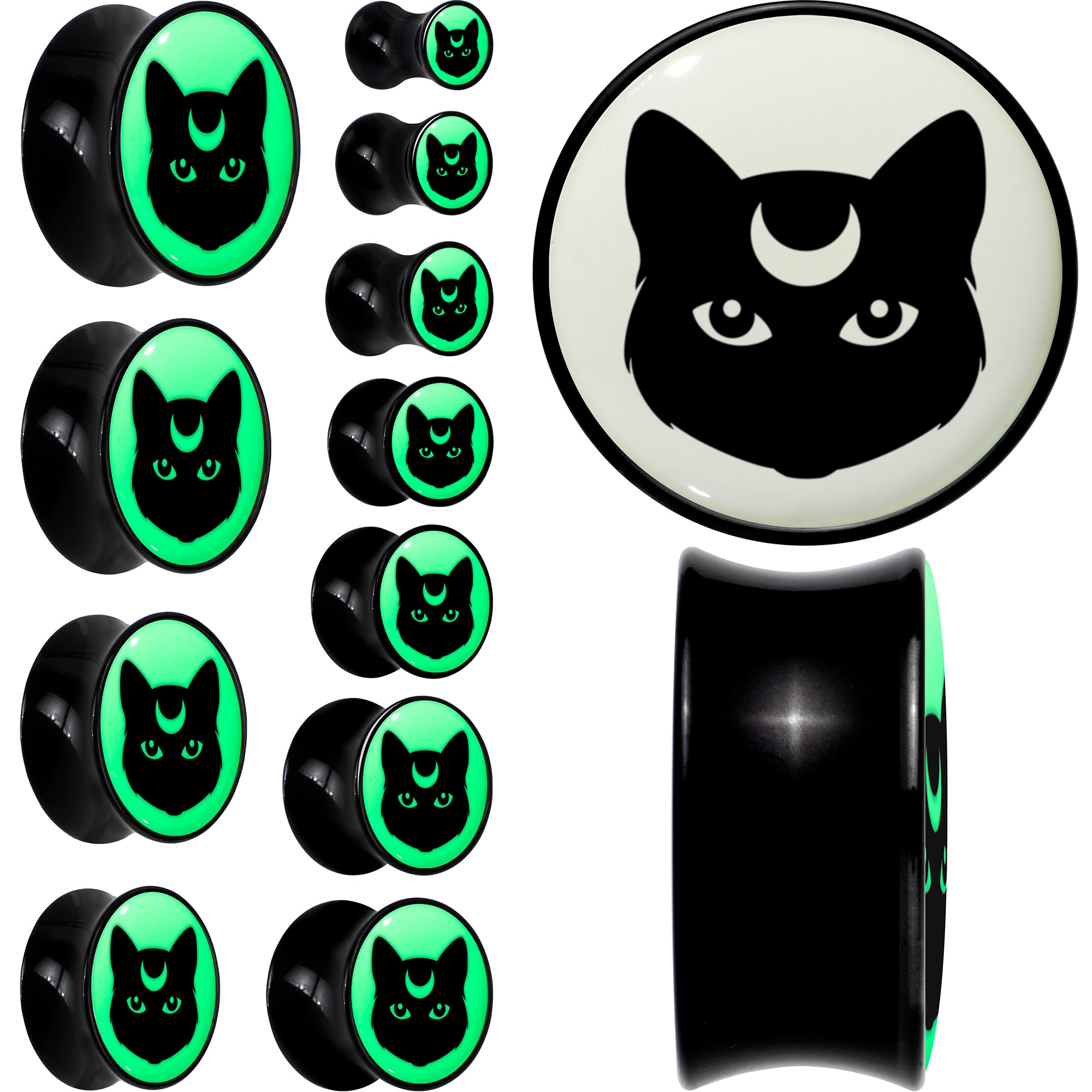 Glow in the Dark Mystic Kitty Cat Black Acrylic Saddle Plug Set