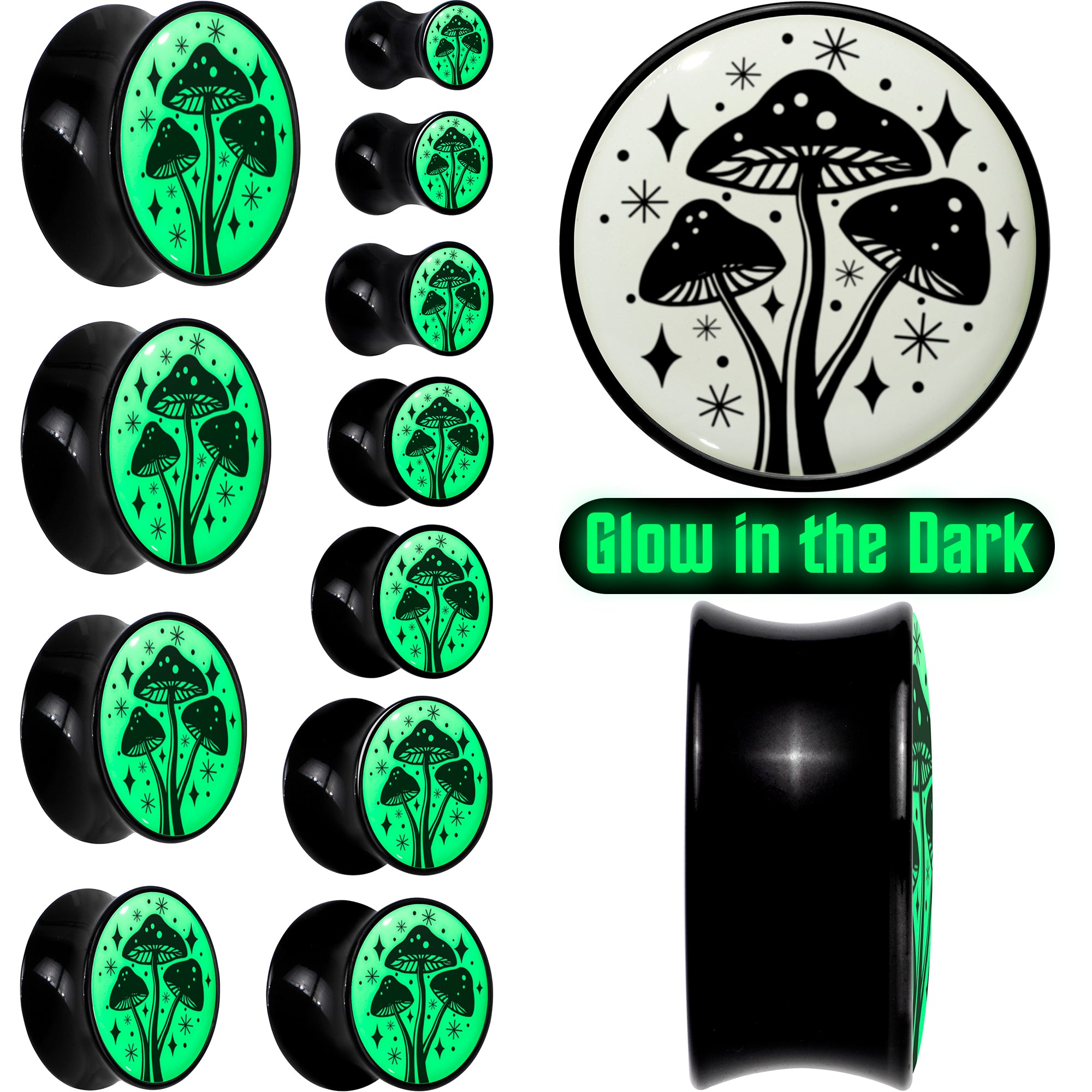 Glow in the Dark Mystic Mushroom Black Acrylic Saddle Plug Set