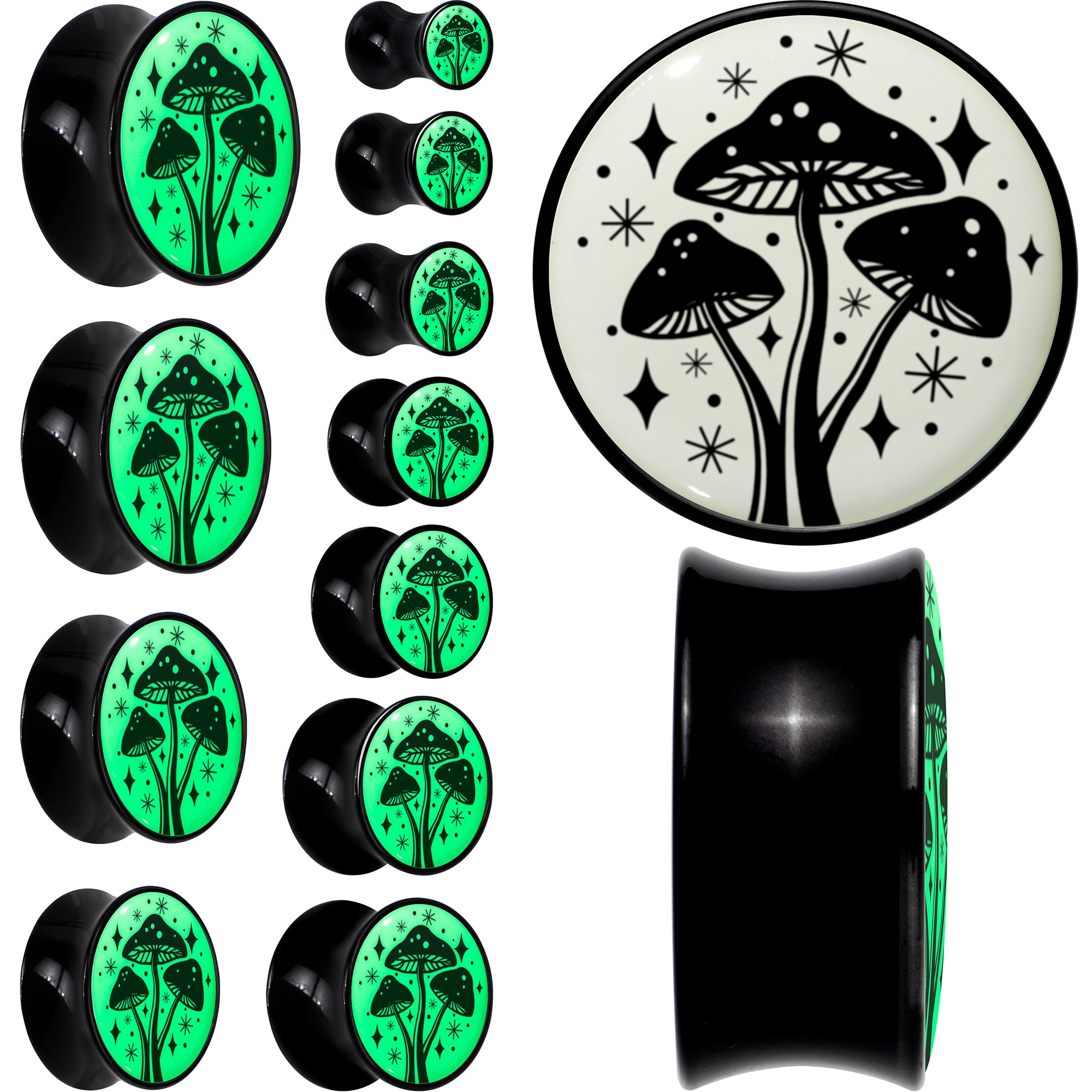 Glow in the Dark Mystic Mushroom Black Acrylic Saddle Plug Set