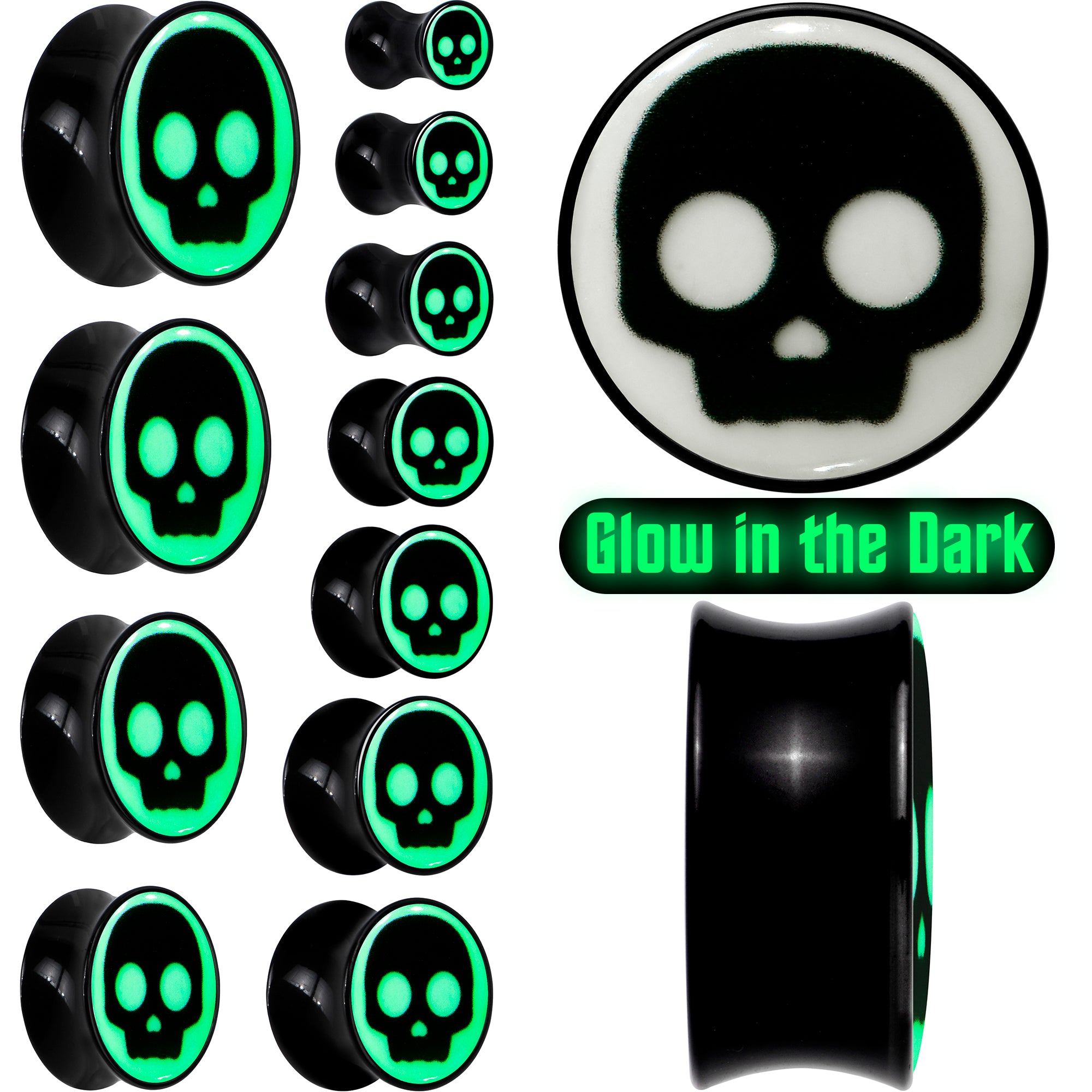 0 Gauge Glow in the Dark Simple Skull Black Acrylic Saddle Plug Set