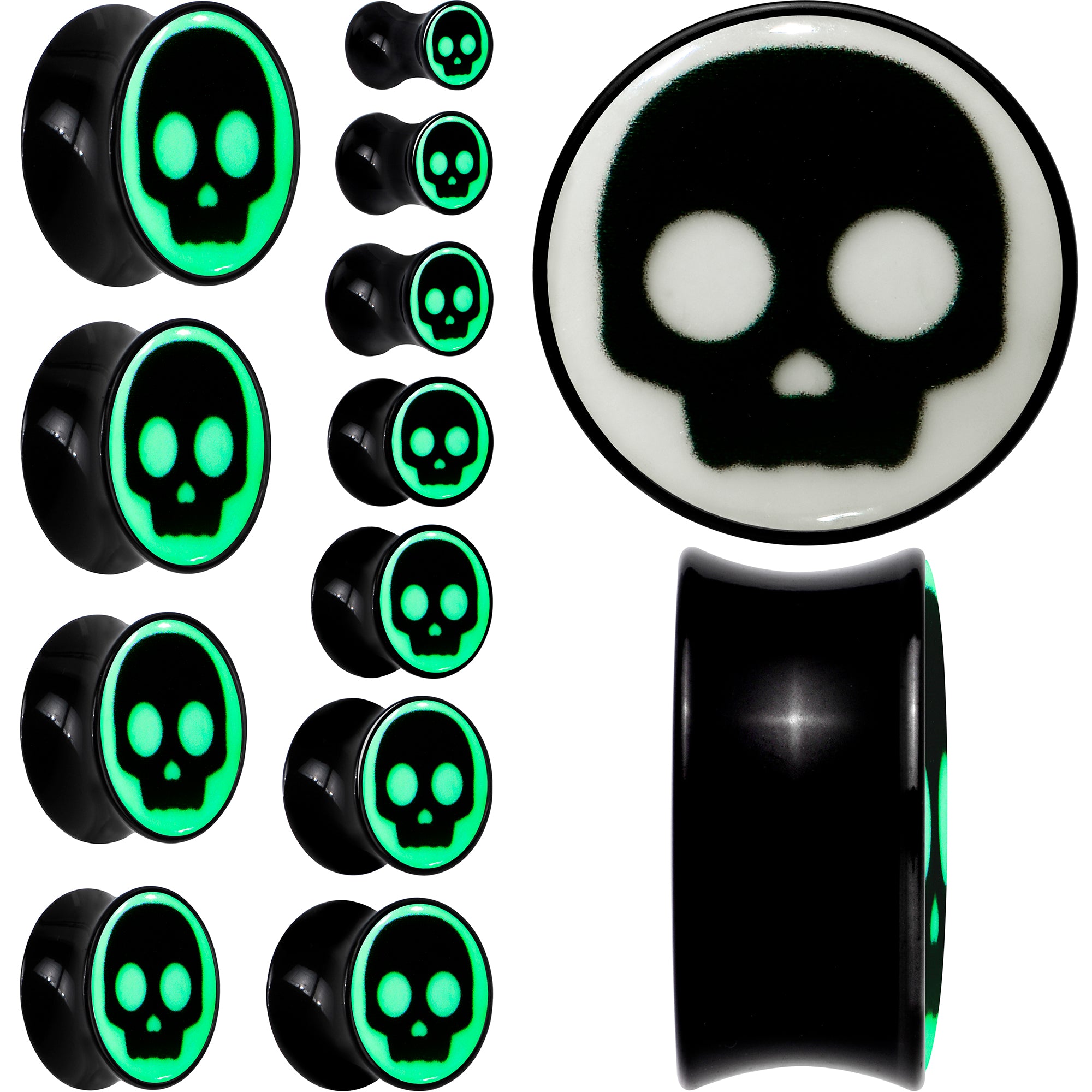 0 Gauge Glow in the Dark Simple Skull Black Acrylic Saddle Plug Set