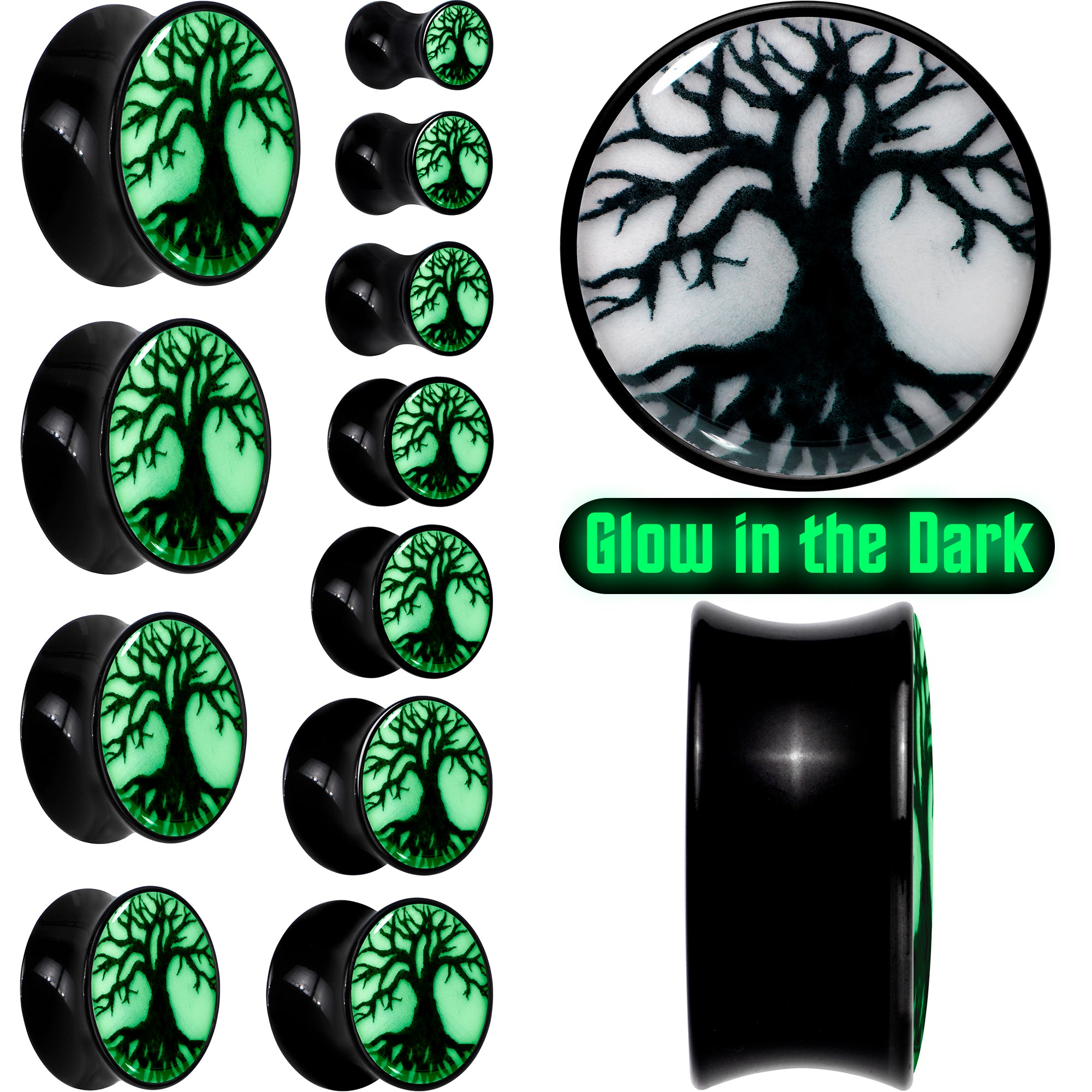 Black Acrylic Tree Of Life Glow in the Dark Double Flare Plug Set