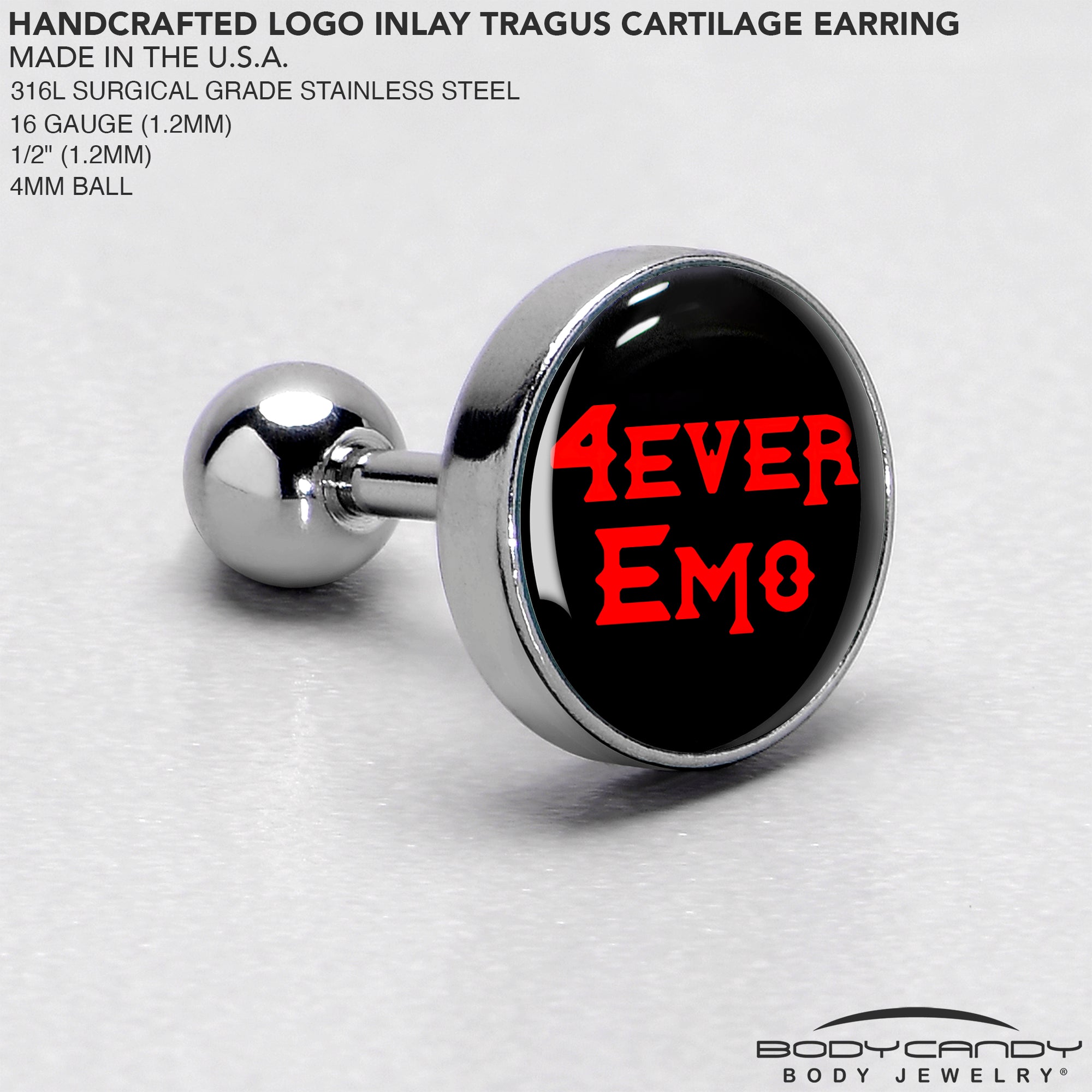 16 Gauge 1/4 Black Red 4 Ever Emo Tragus Cartilage Earring