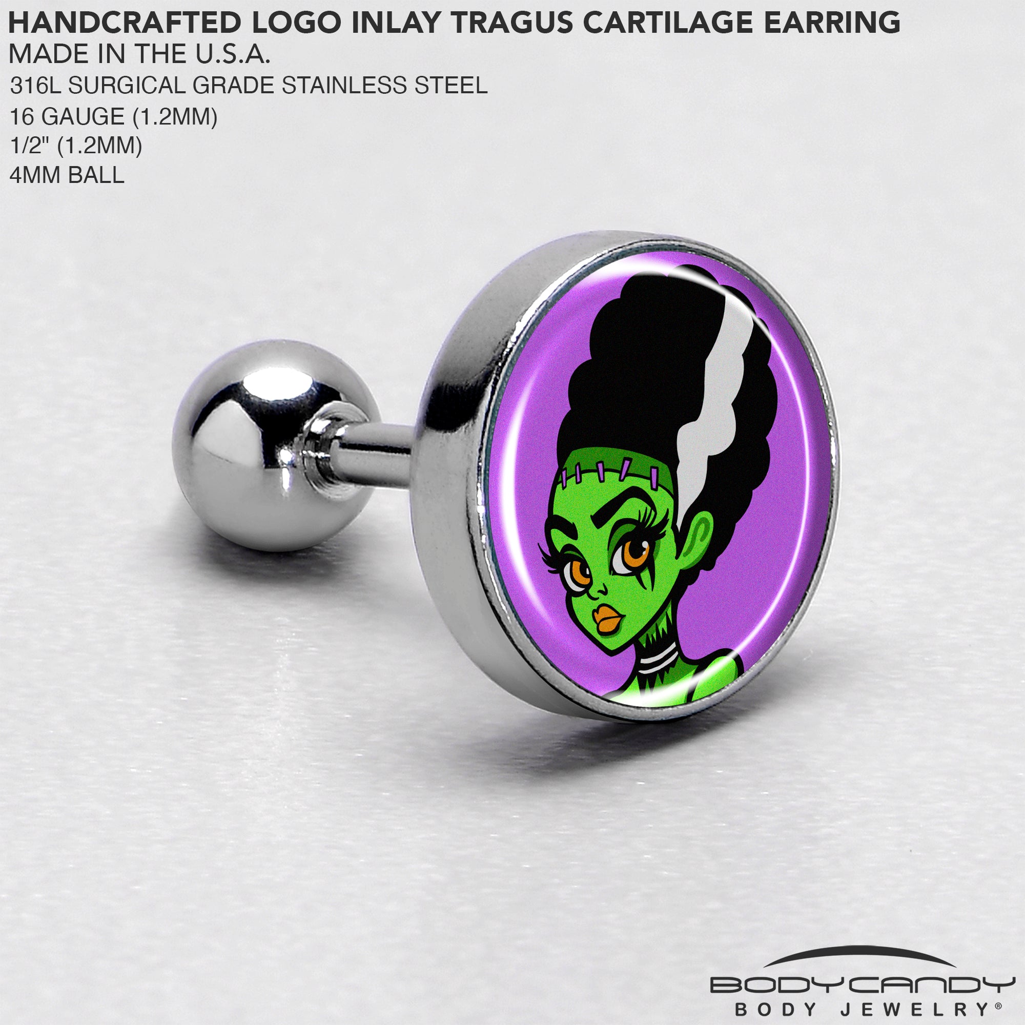 Handmade Bride of Frankenstein Tragus Earring - 16 Gauge 1/4 Inch